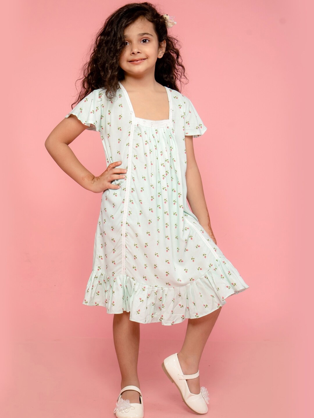 

Floral Printed Square Neck Front Pleated Flutter Sleeve A-Line Dress, Green