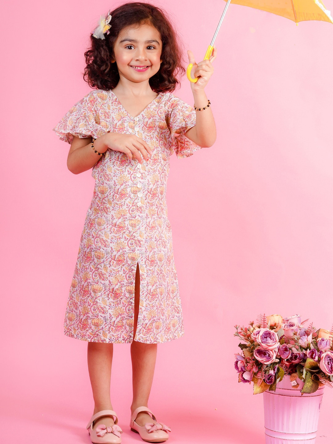 

BAESD Floral Print Cotton Flutter Sleeve A Line Dress, Pink