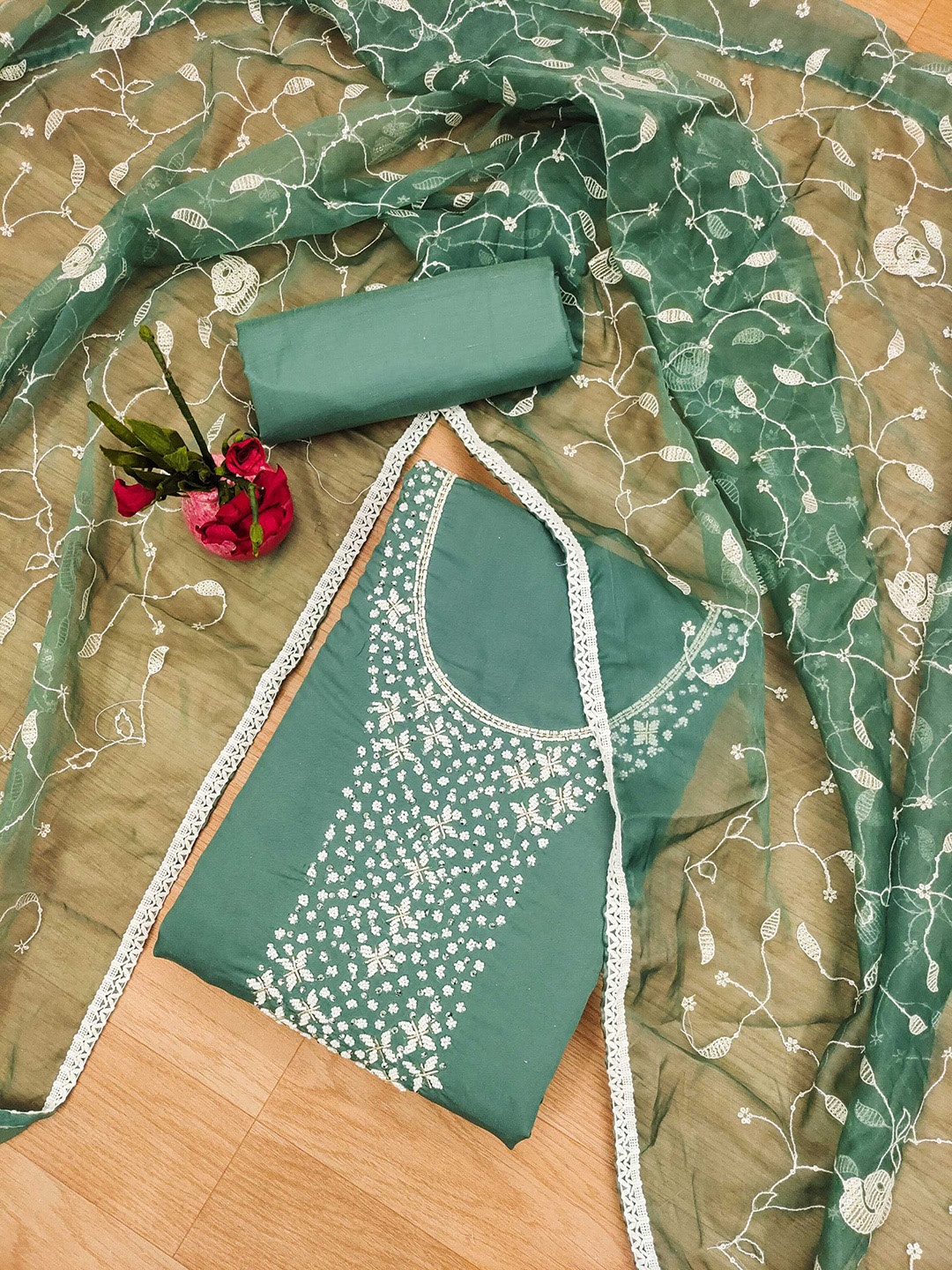 

KALINI Embellished Unstitched Dress Material, Green
