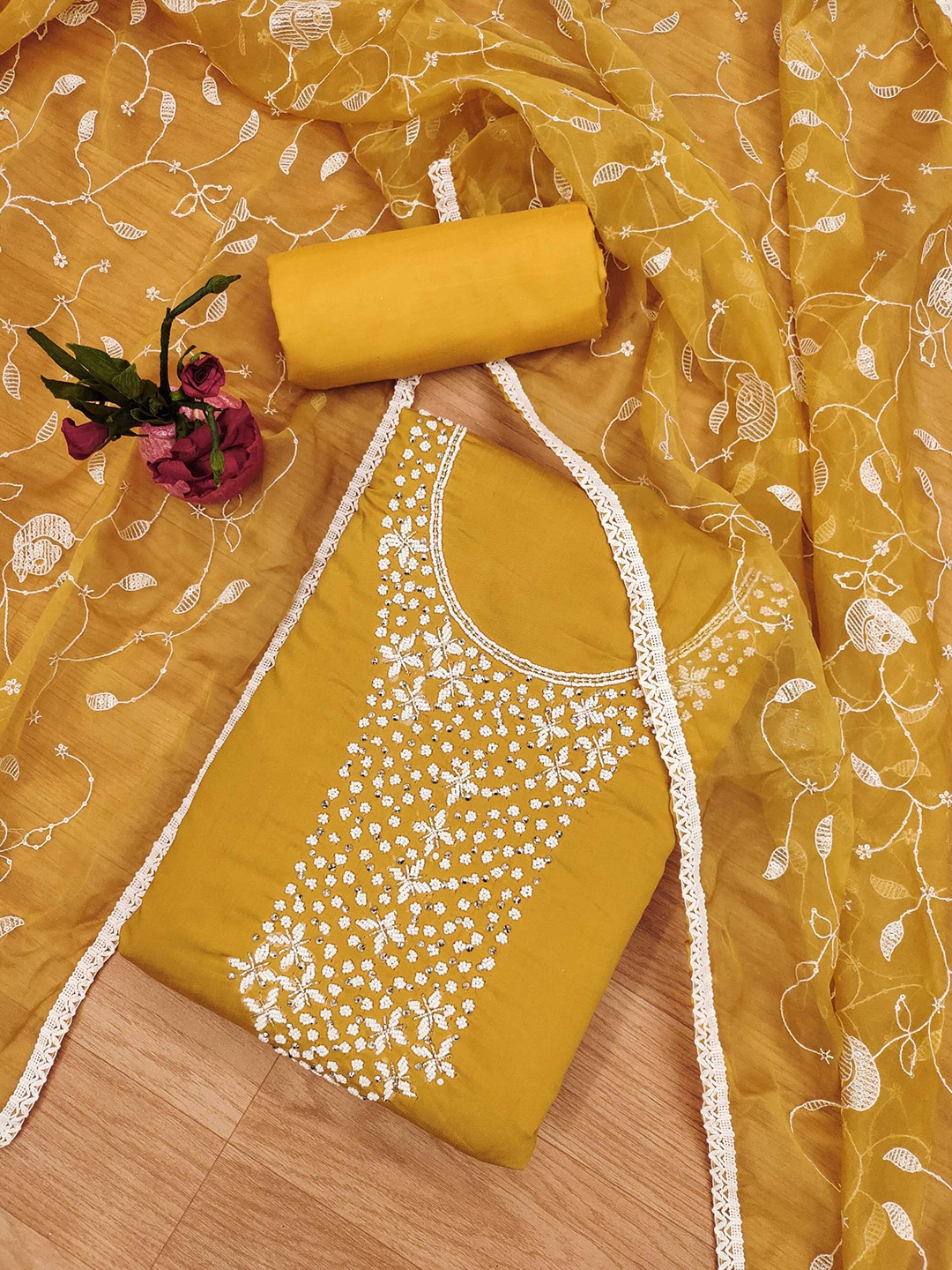 

KALINI Embellished Unstitched Dress Material, Mustard