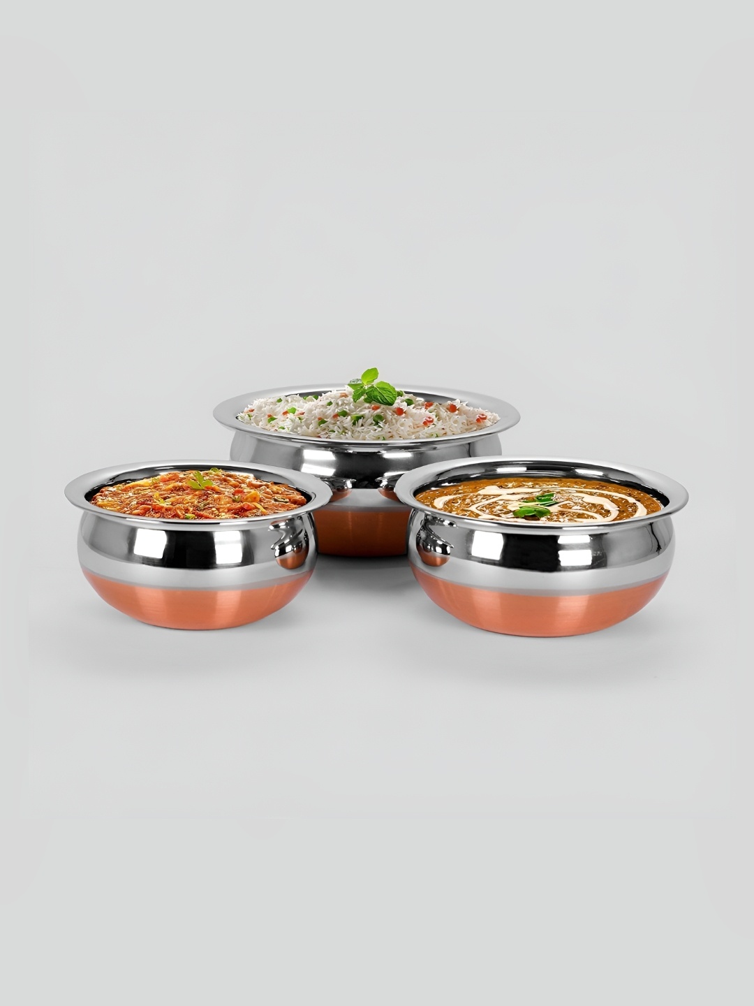 

RBGIIT Copper Toned & White 3 Pieces Stainless Steel Easy to Use Serving Casserole, Silver