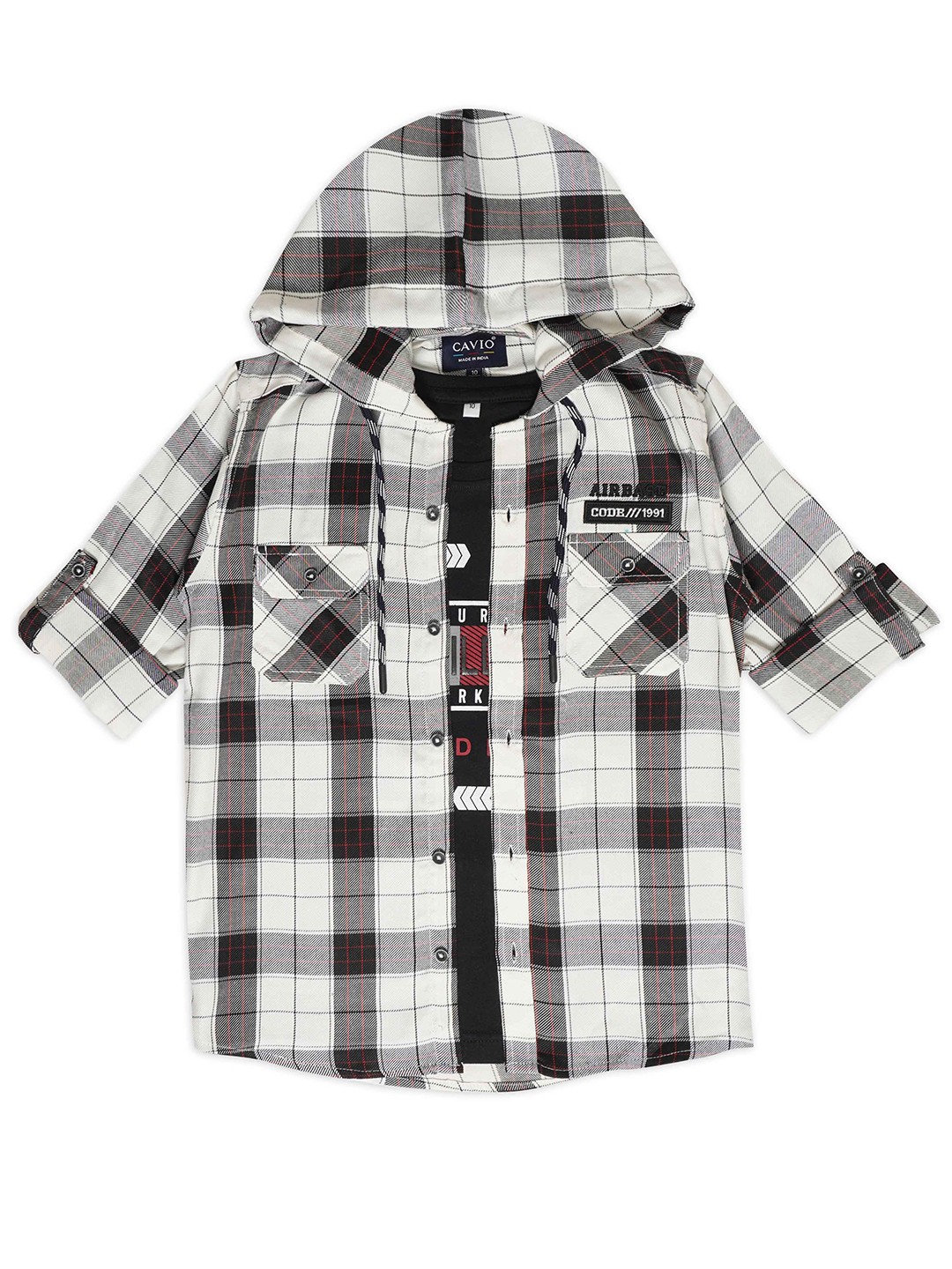 

CAVIO Boys Comfort Tartan Checked Pure Cotton Hooded Shirt With T-Shirt, White