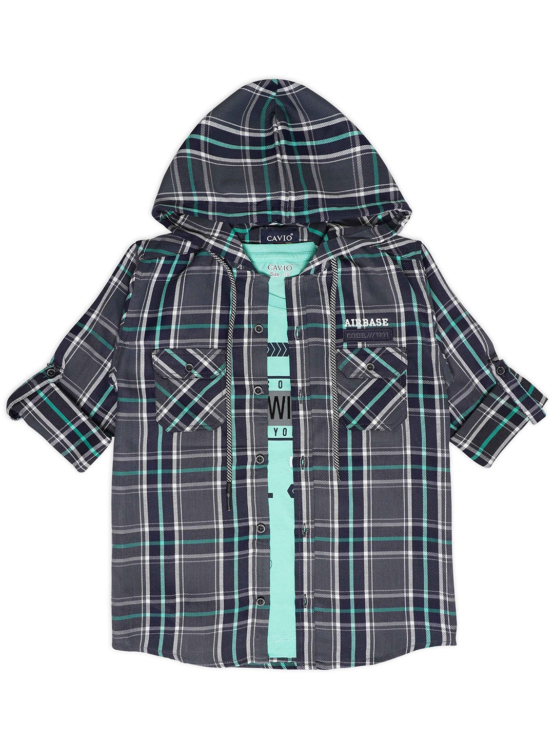 

CAVIO Boys Comfort Fit Tartan Checked Pure Cotton Hooded Shirt With T-Shirt, Grey