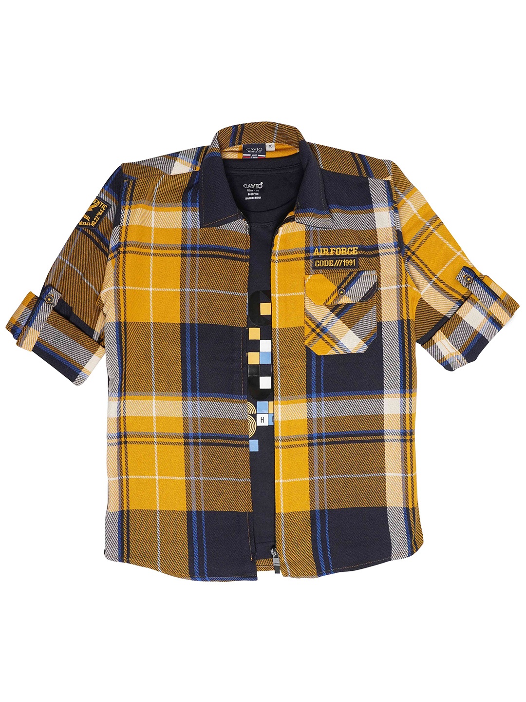 

CAVIO Boys Comfort Tartan Checked Pure Cotton Shirt With T-Shirt, Yellow