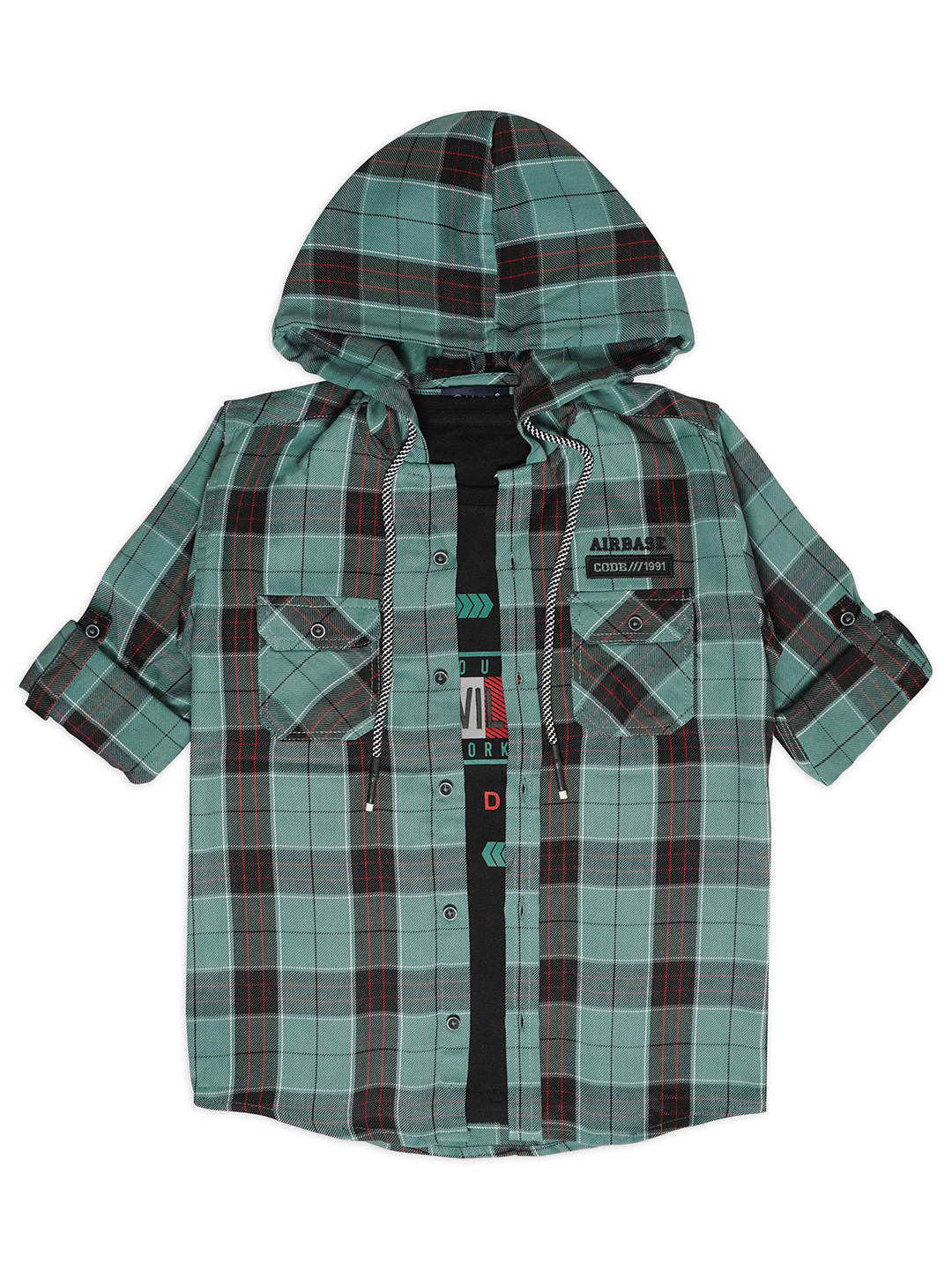 

CAVIO Boys Comfort Tartan Checked Pure Cotton Hooded Shirt With T-Shirt, Green