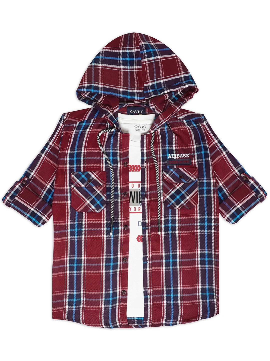 

CAVIO Boys Comfort Tartan Checked Pure Cotton Hooded Shirt With T-Shirt, Maroon