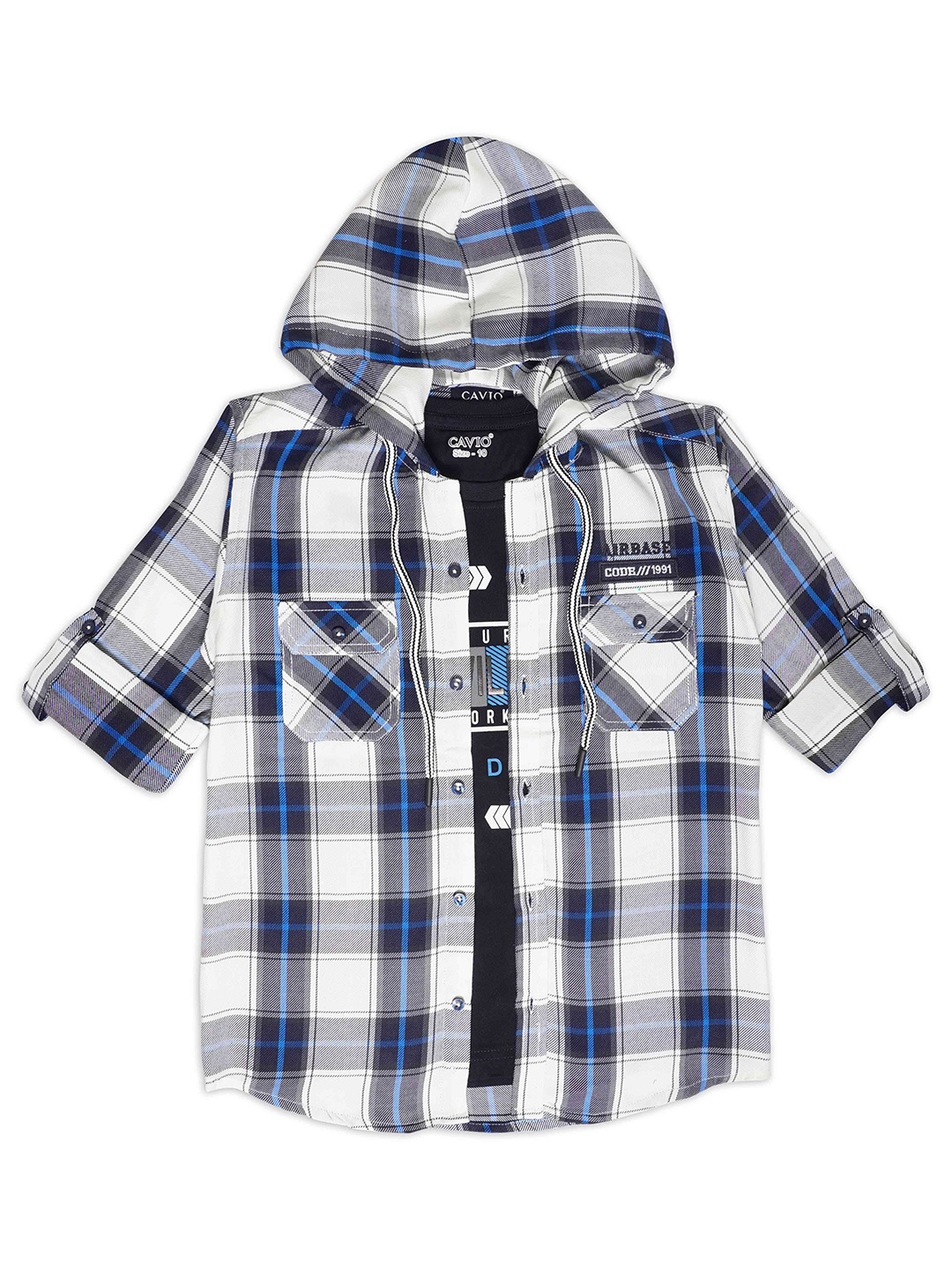 

Cavio Boys Long Roll-Up Sleeves Checked Casual Hooded Shirt & T-Shirt, Navy blue