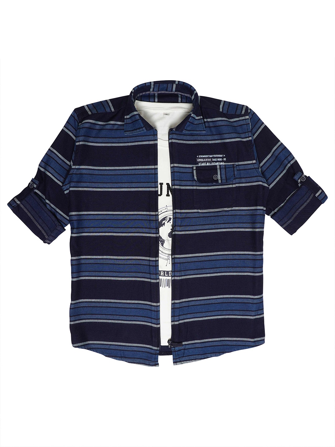 CAVIO Boys Comfort Striped Pure Cotton Casual Shirt With T-shirt, White