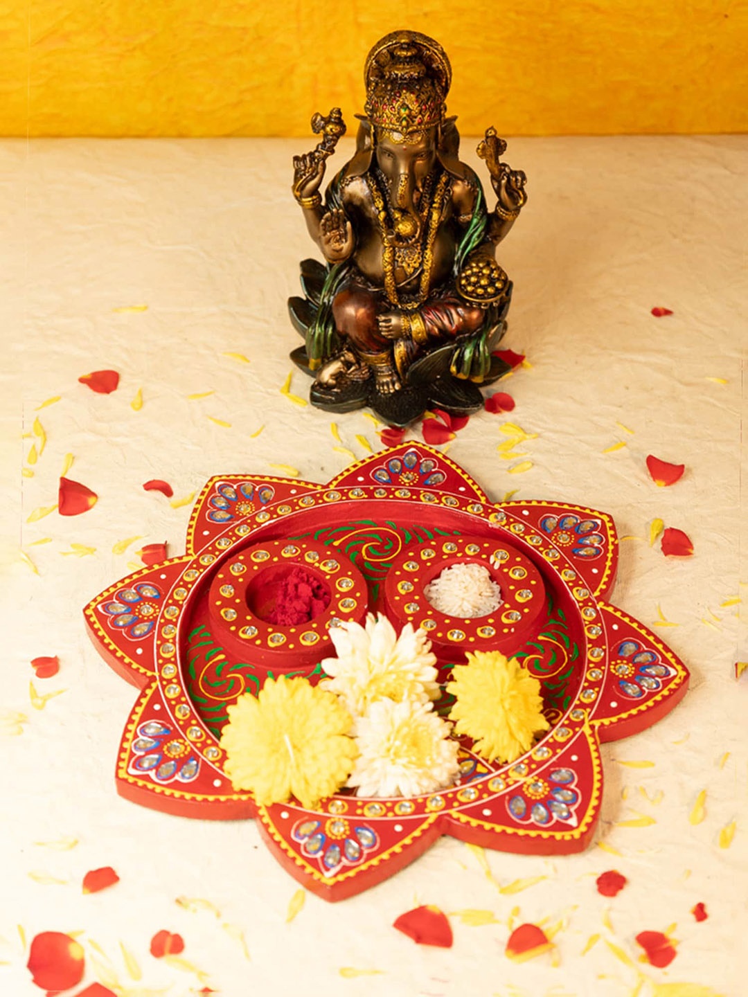 

Ekhasa Red & Yellow Printed Flower Shape Wooden Pooja Thali
