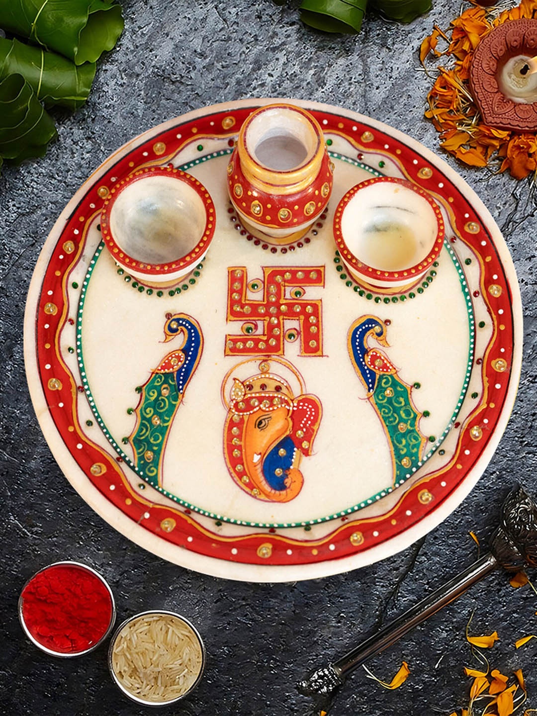 

Ekhasa White & Red Lord Ganesh Marble Pooja Thali