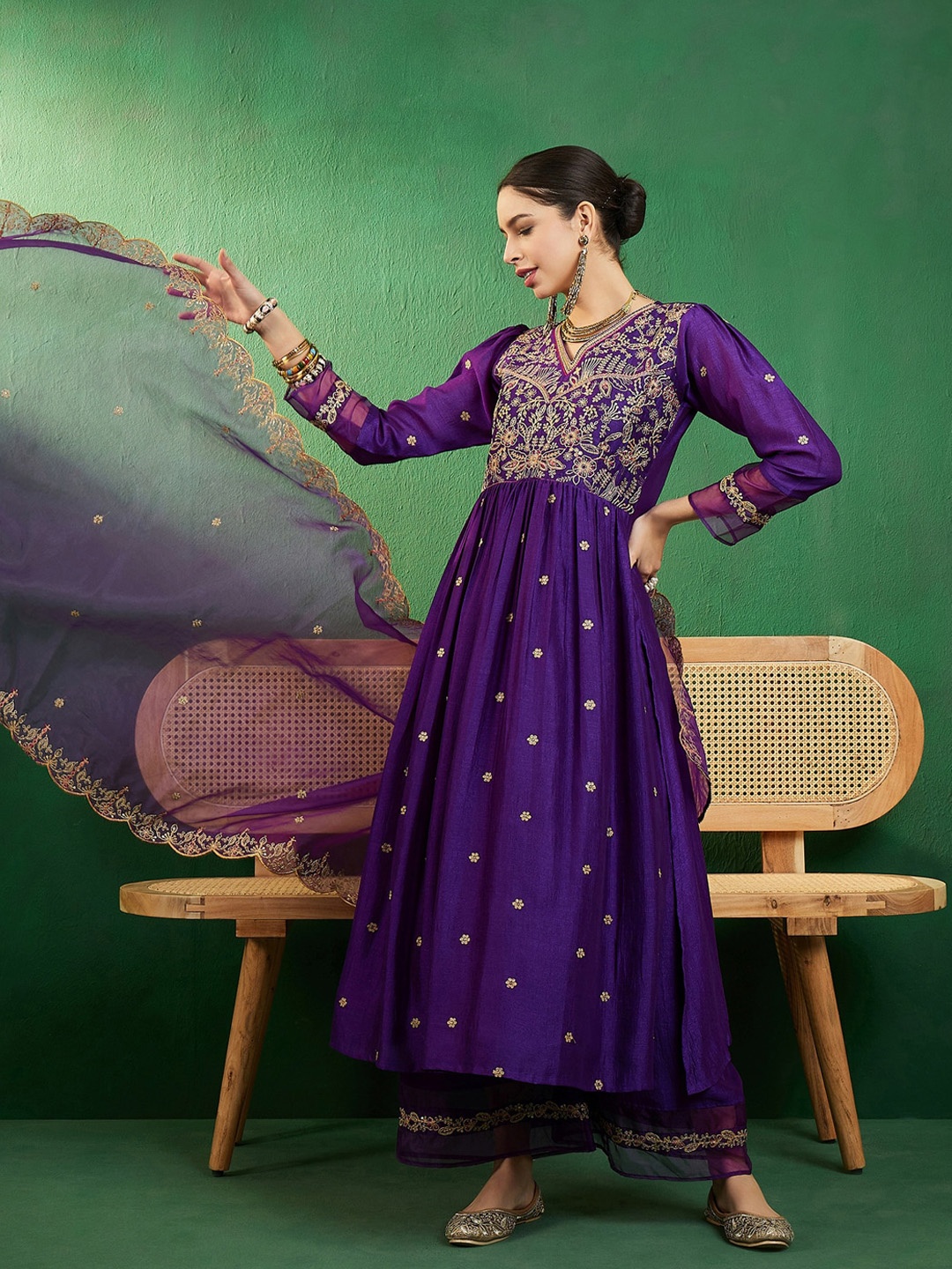 

Sangria Purple Ethnic Motifs Embroidered A-Line Kurta With Palazzo & Dupatta