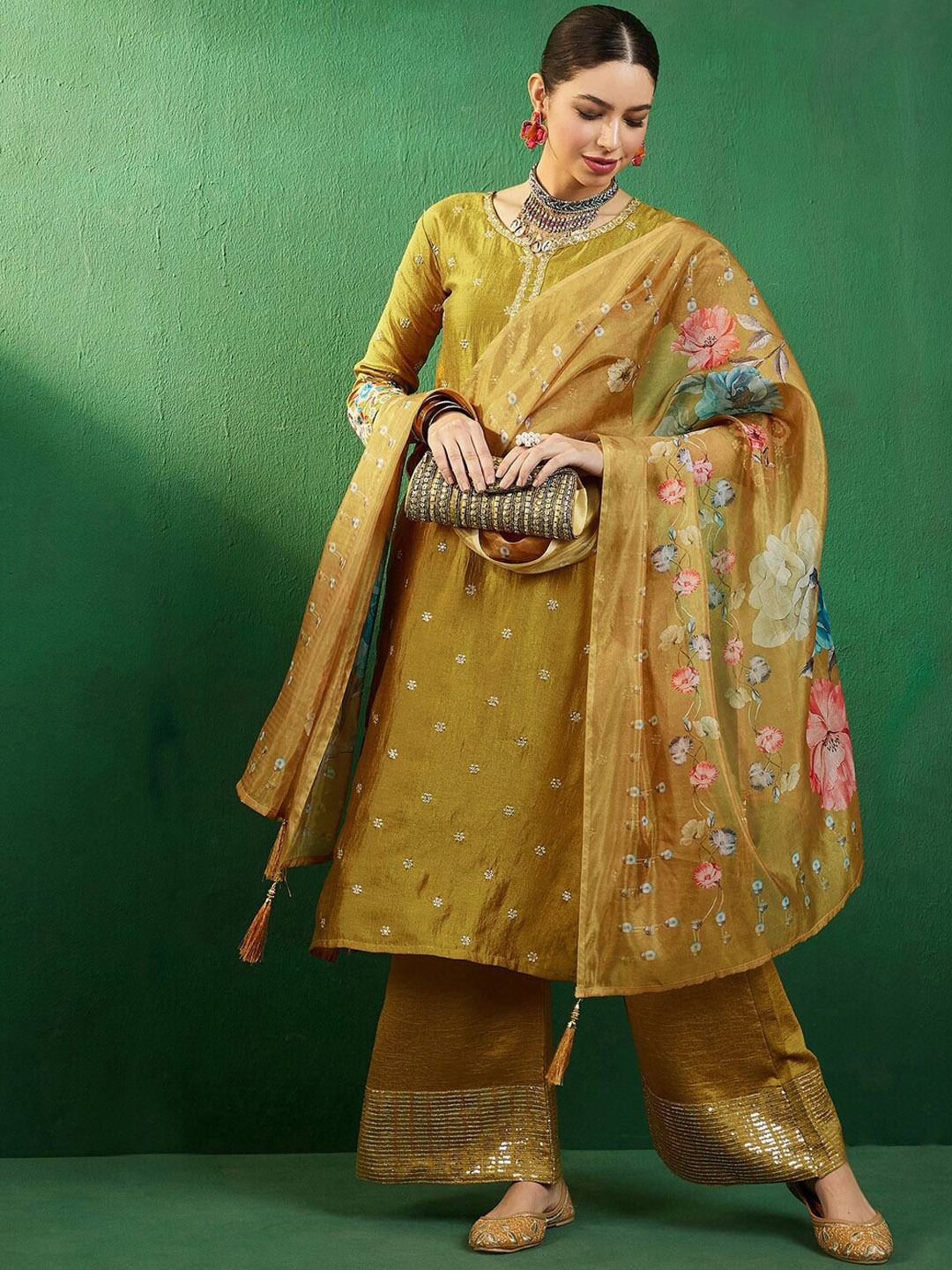 

Sangria Mustard Floral Embroidered Straight Kurta With Palazzos & Dupatta