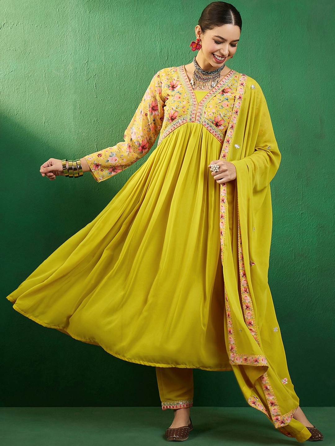 

Sangria Yellow Yoke Design Printed Georgette A-Line Empire Kurta With Trousers & Dupatta