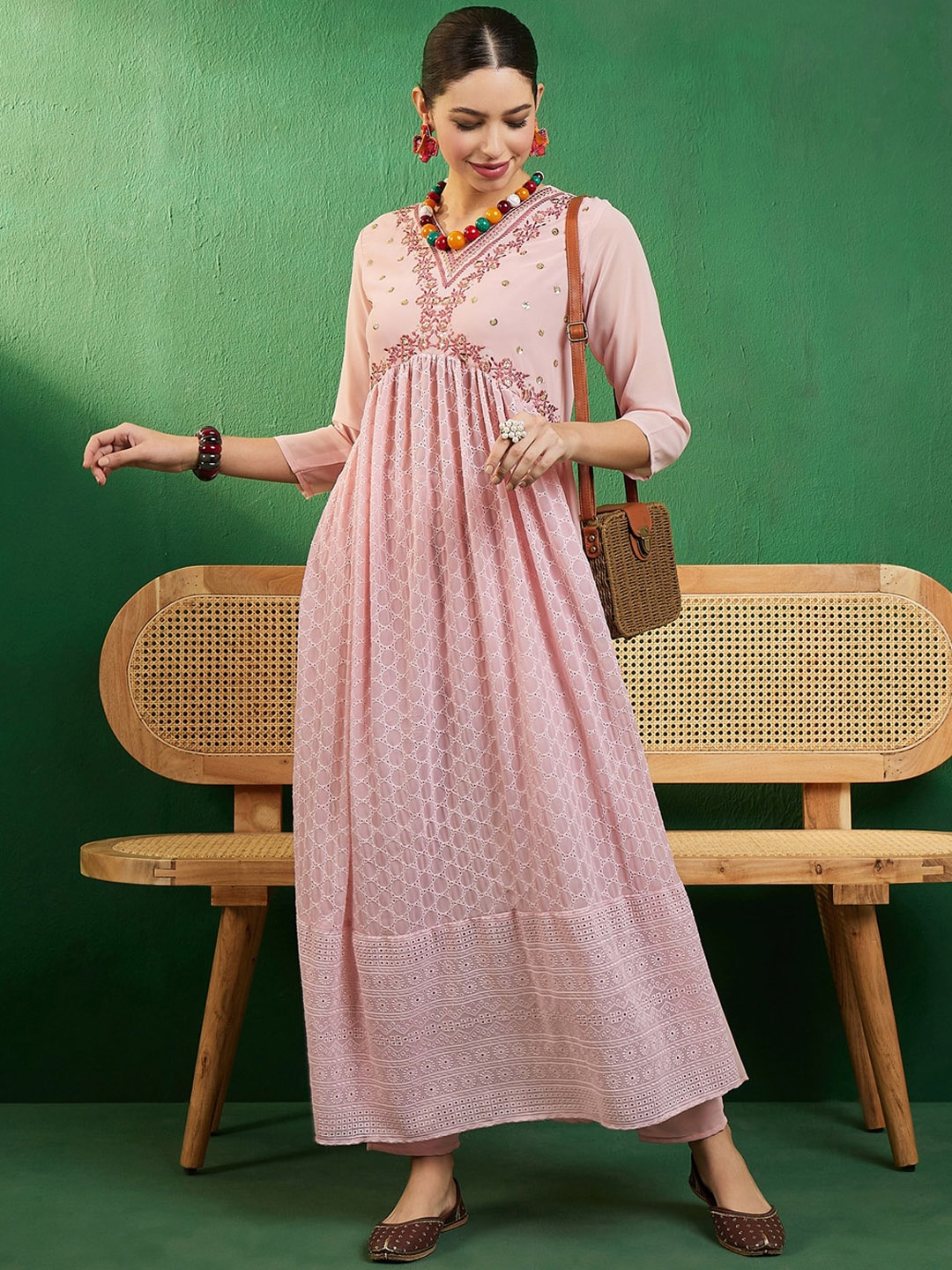 

Sangria Pink & White Schiffli Embroidered A-Line Empire Kurta With Trousers
