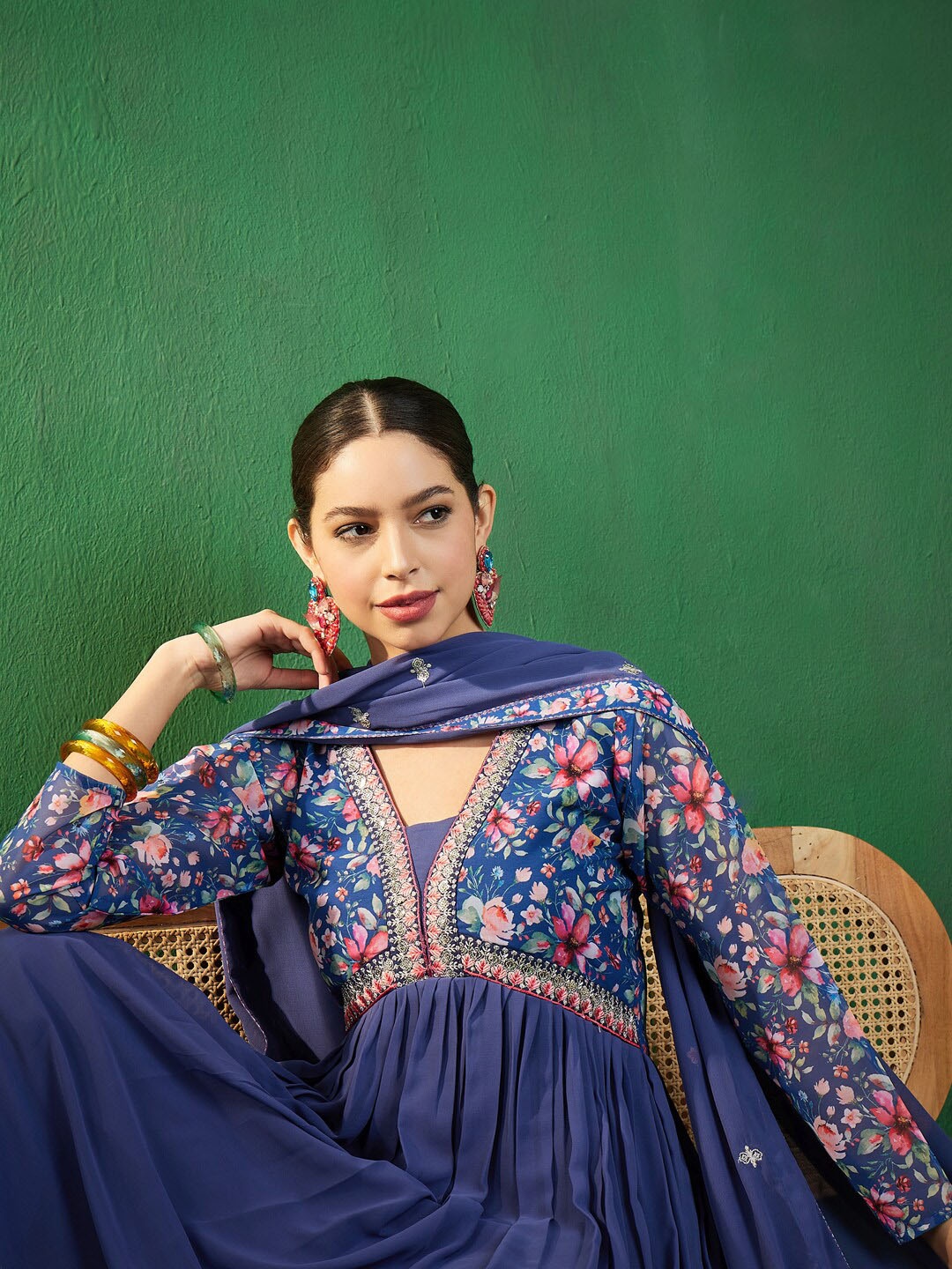 

Sangria Blue Yoke Design Printed Georgette A-Line Empire Kurta With Trousers & Dupatta