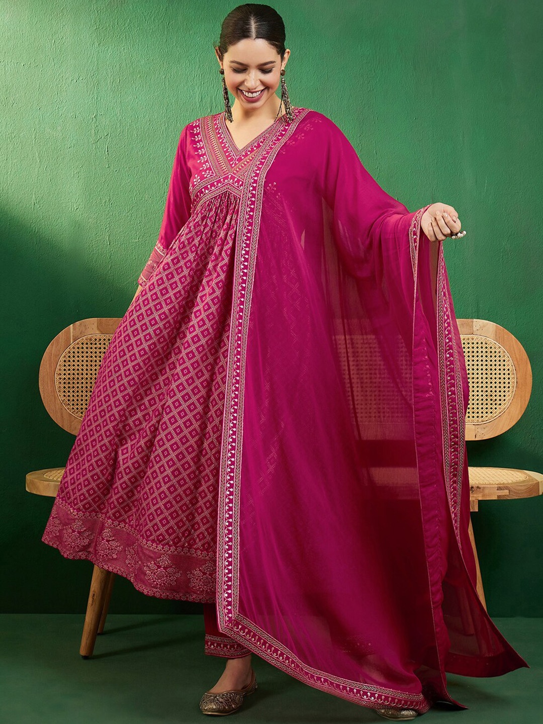 

Sangria Pink Embroidered V-Neck A-Line Empire Kurta With Trousers & Dupatta