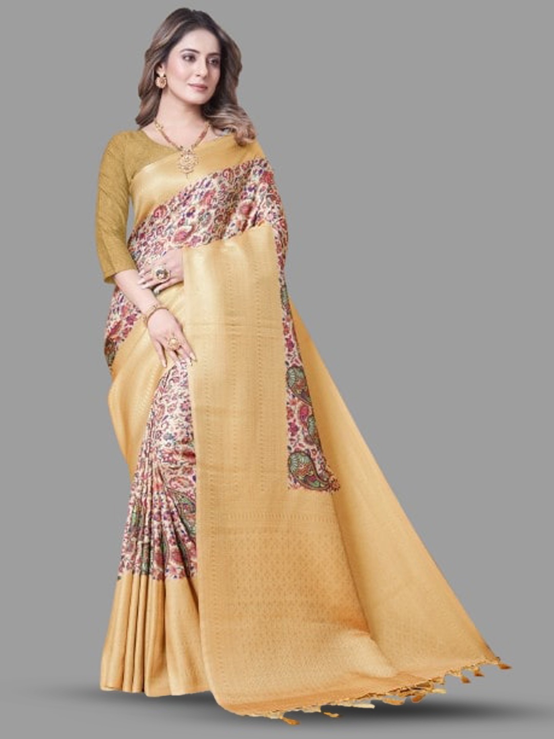 

nirja Fab Ethnic Motifs Printed Zari Art Silk Banarasi Saree, Yellow