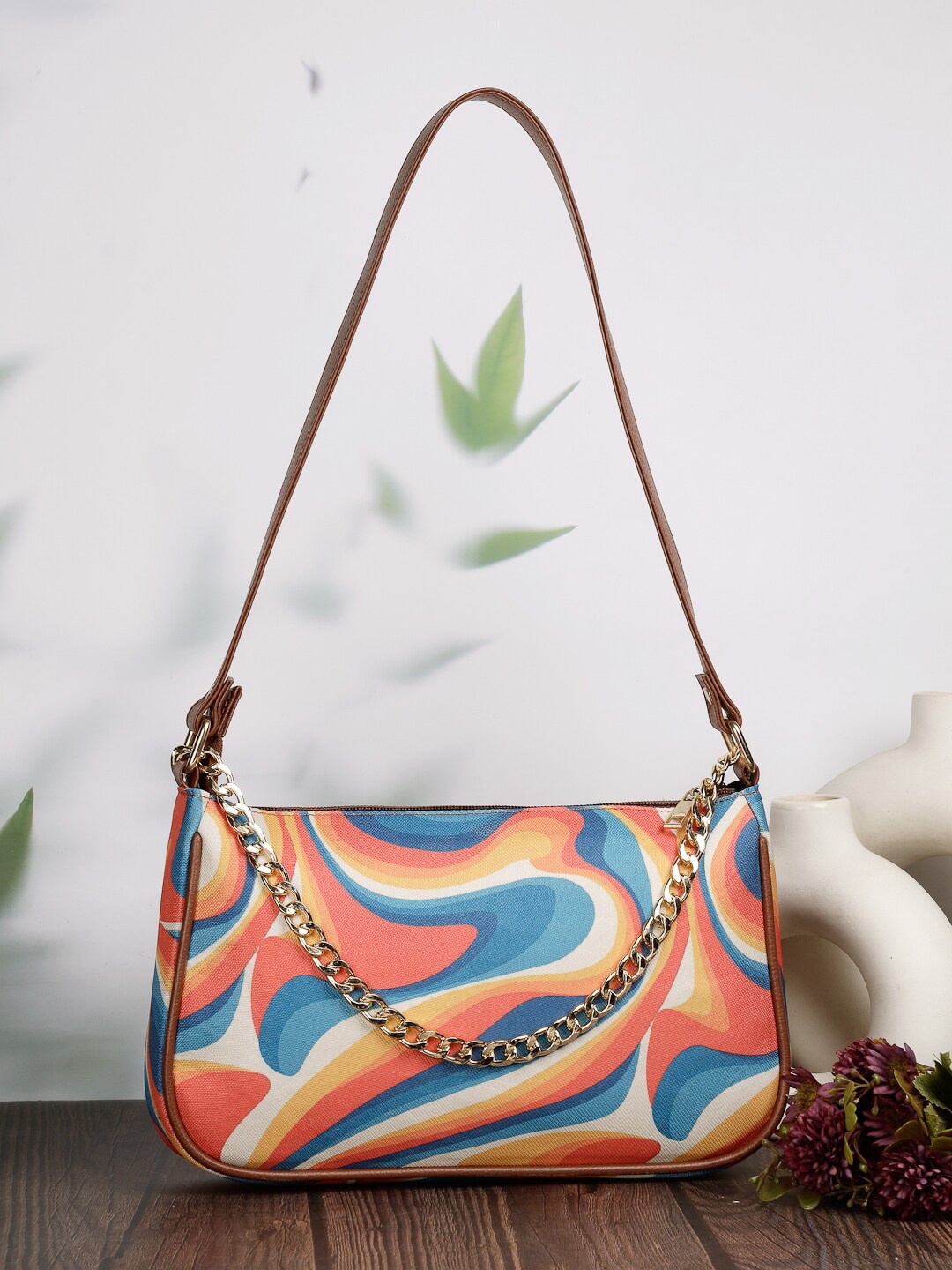 

DressBerry Abstract Printed Structured Handheld Bag, Tan