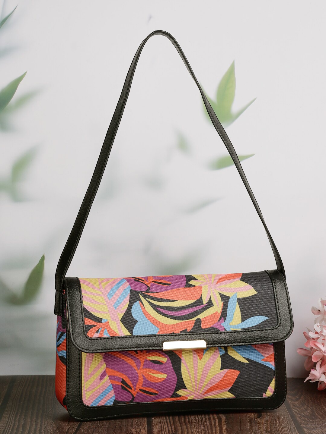 

DressBerry Black Floral Printed Structured Sling Bag