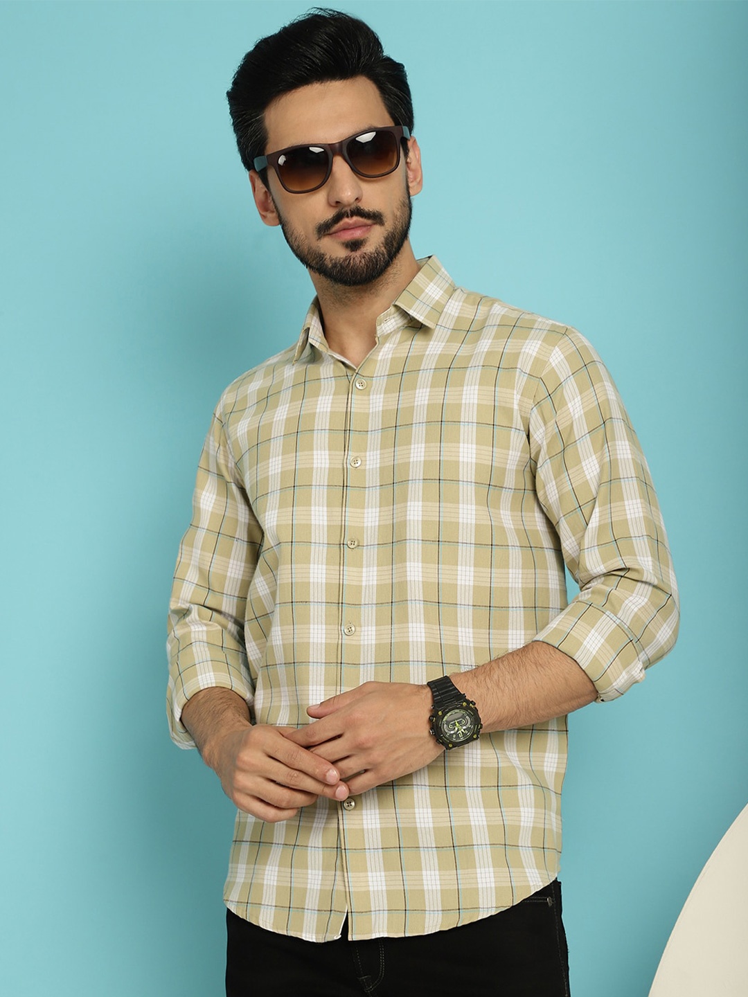 

Indian Needle Classic Tartan Checks Cotton Casual Shirt, Beige