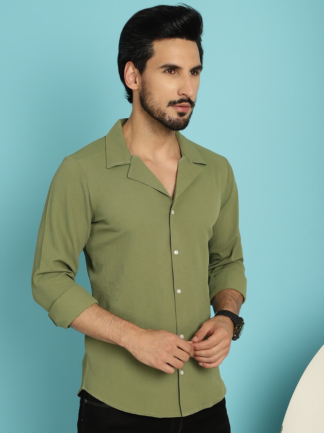 

Indian Needle Lapel Collar Long Sleeves Classic Opaque Wrinkle Free Casual Shirt, Olive