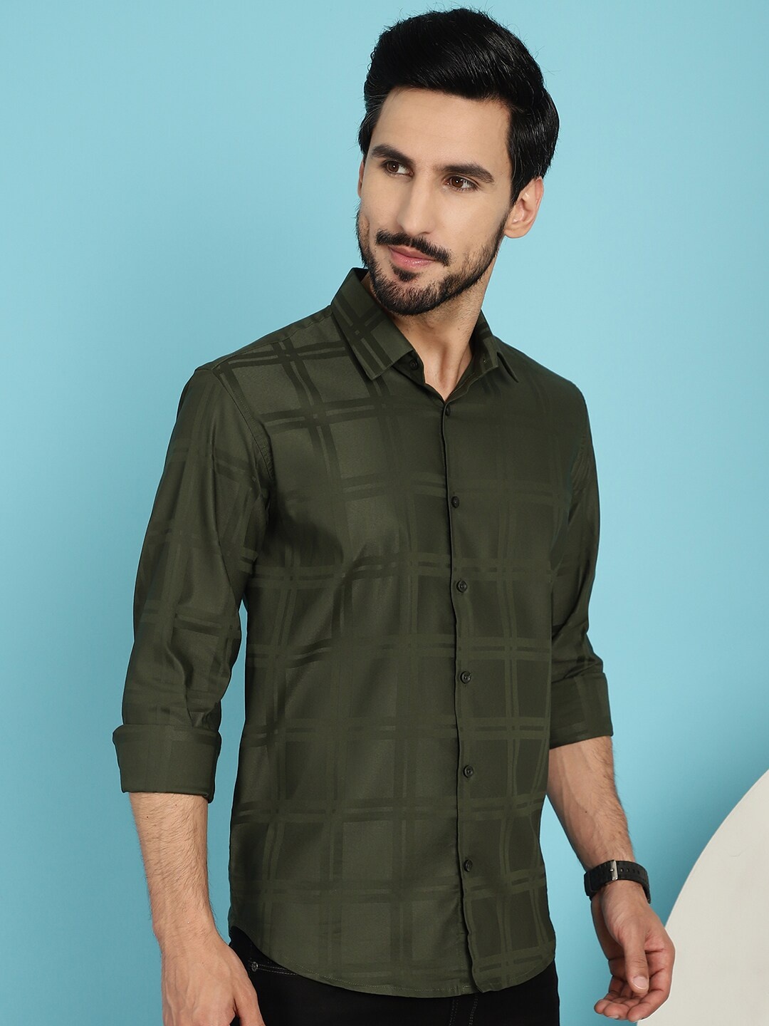 

Indian Needle Classic Windowpane Checked Cotton Casual Shirt, Olive