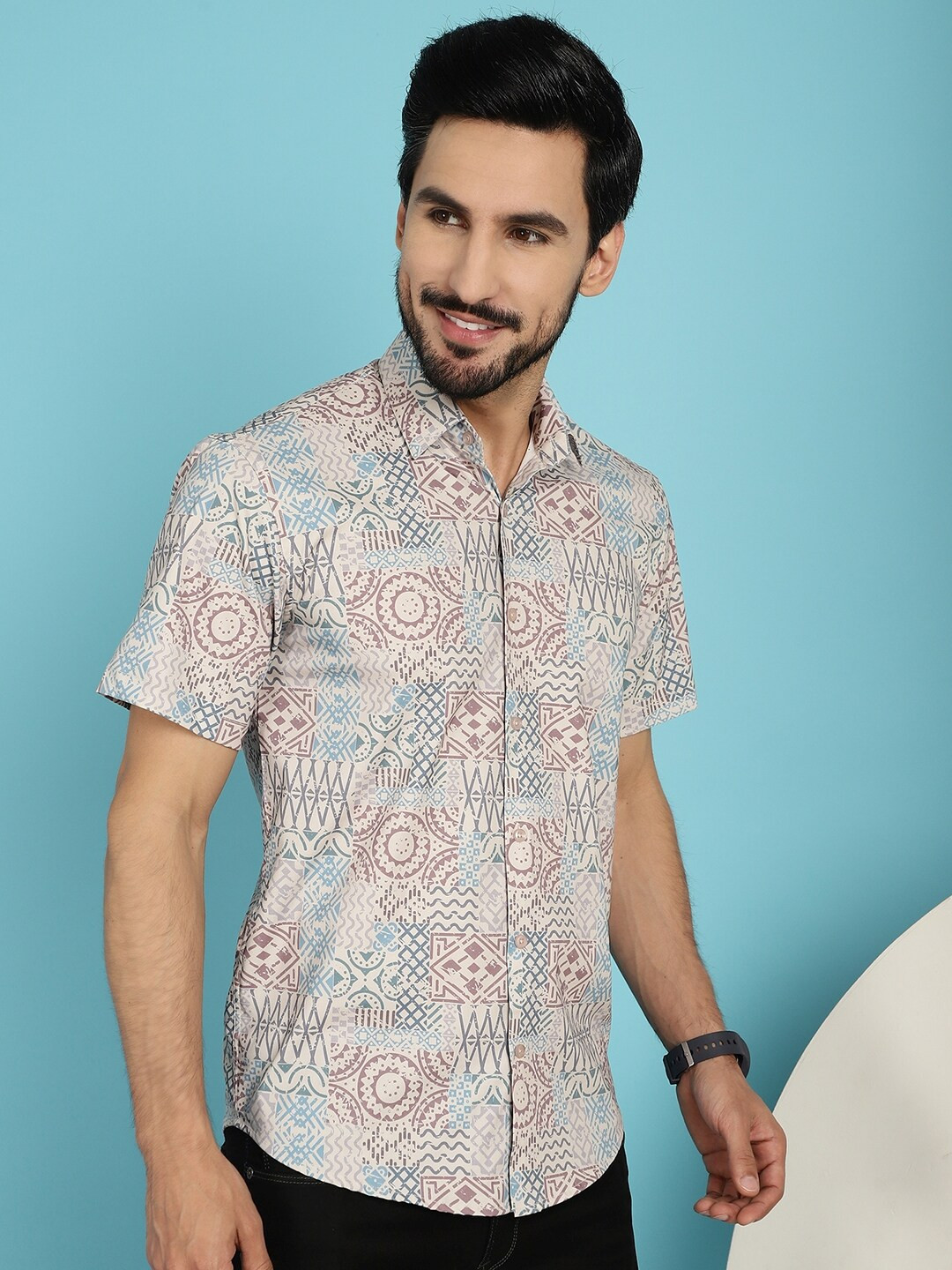 

Indian Needle Classic Ethnic Motifs Printed Cotton Casual Shirt, Beige