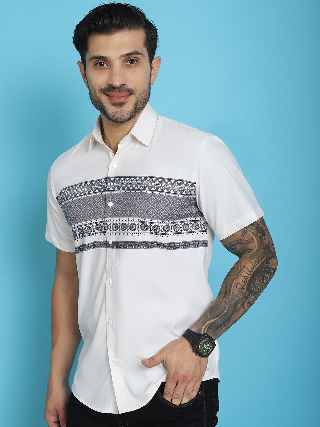 

Indian Needle Classic Ethnic Motifs Printed Cotton Casual Shirt, White