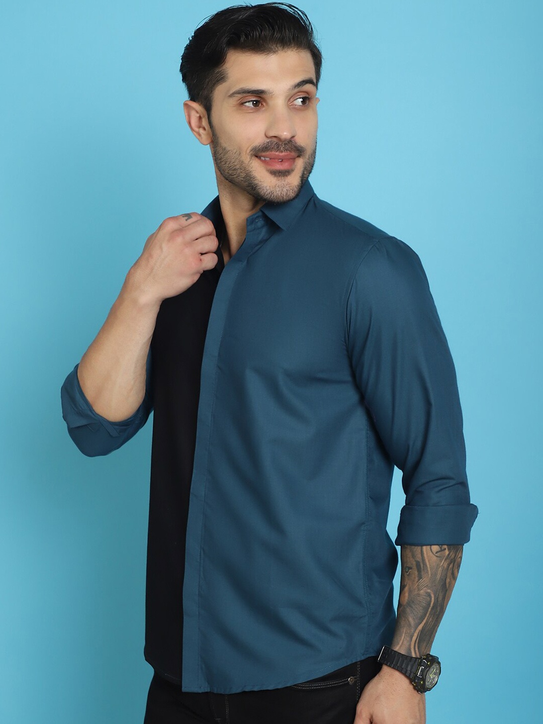 

Indian Needle Spread Collar Classic Opaque Cotton Casual Shirt, Blue