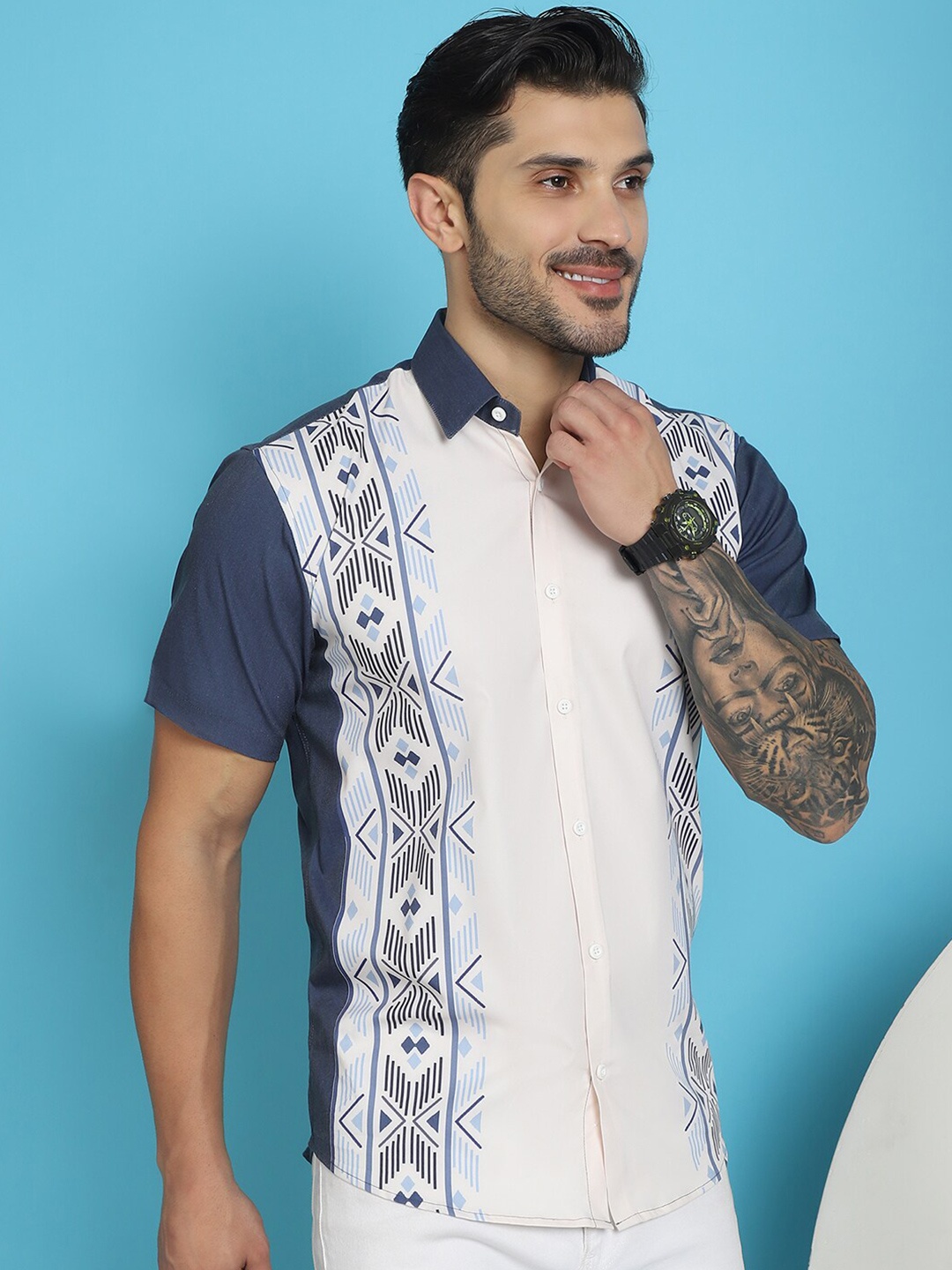 

Indian Needle Spread Collar Classic Opaque Printed Cotton Casual Shirt, Charcoal