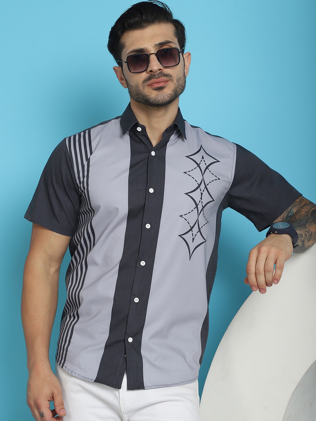 

Indian Needle Spread Collar Classic Opaque Printed Cotton Casual Shirt, Charcoal