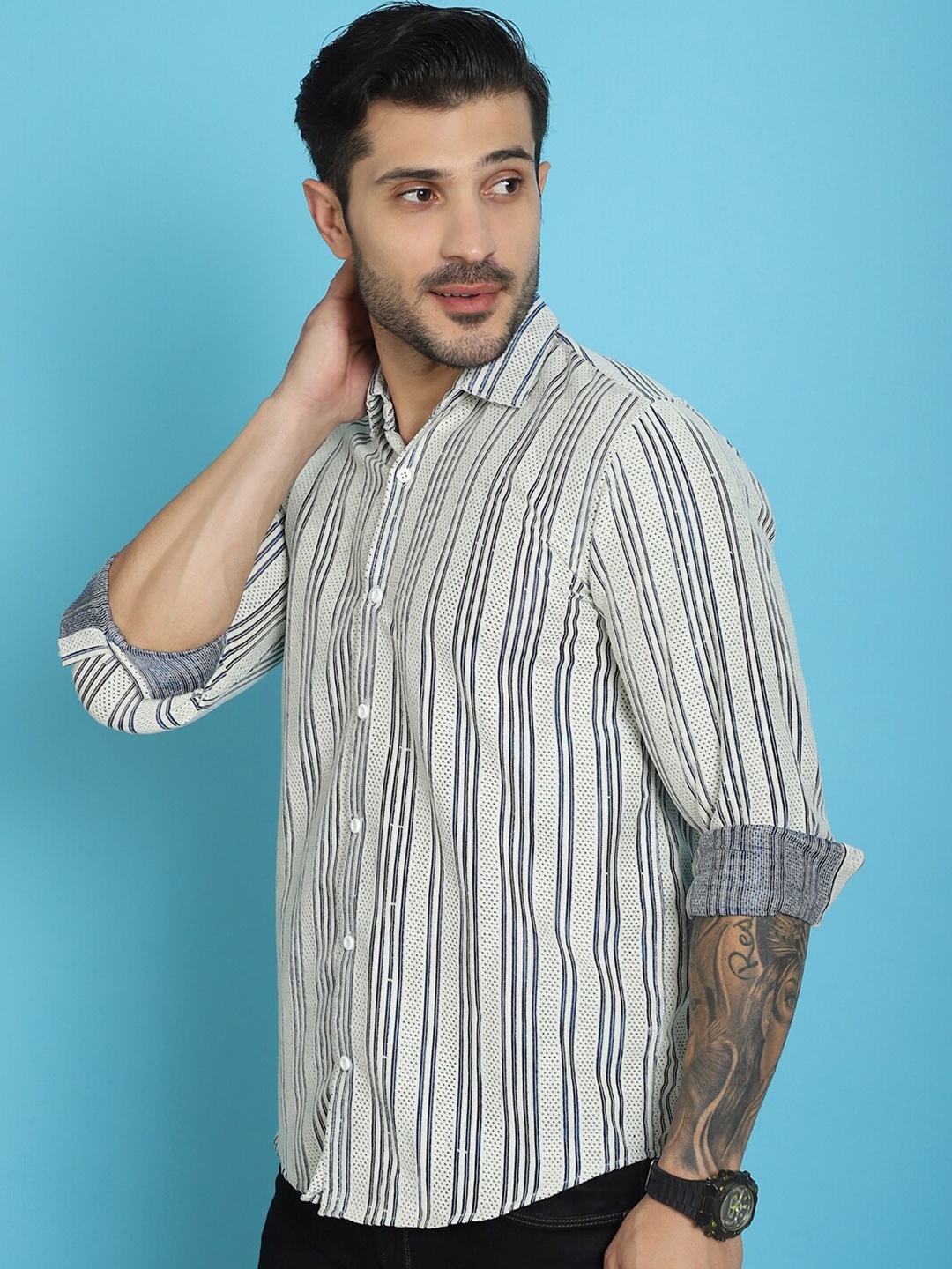 

Indian Needle Cotton Classic Semi Sheer Striped Wrinkle Free Casual Shirt, Off white