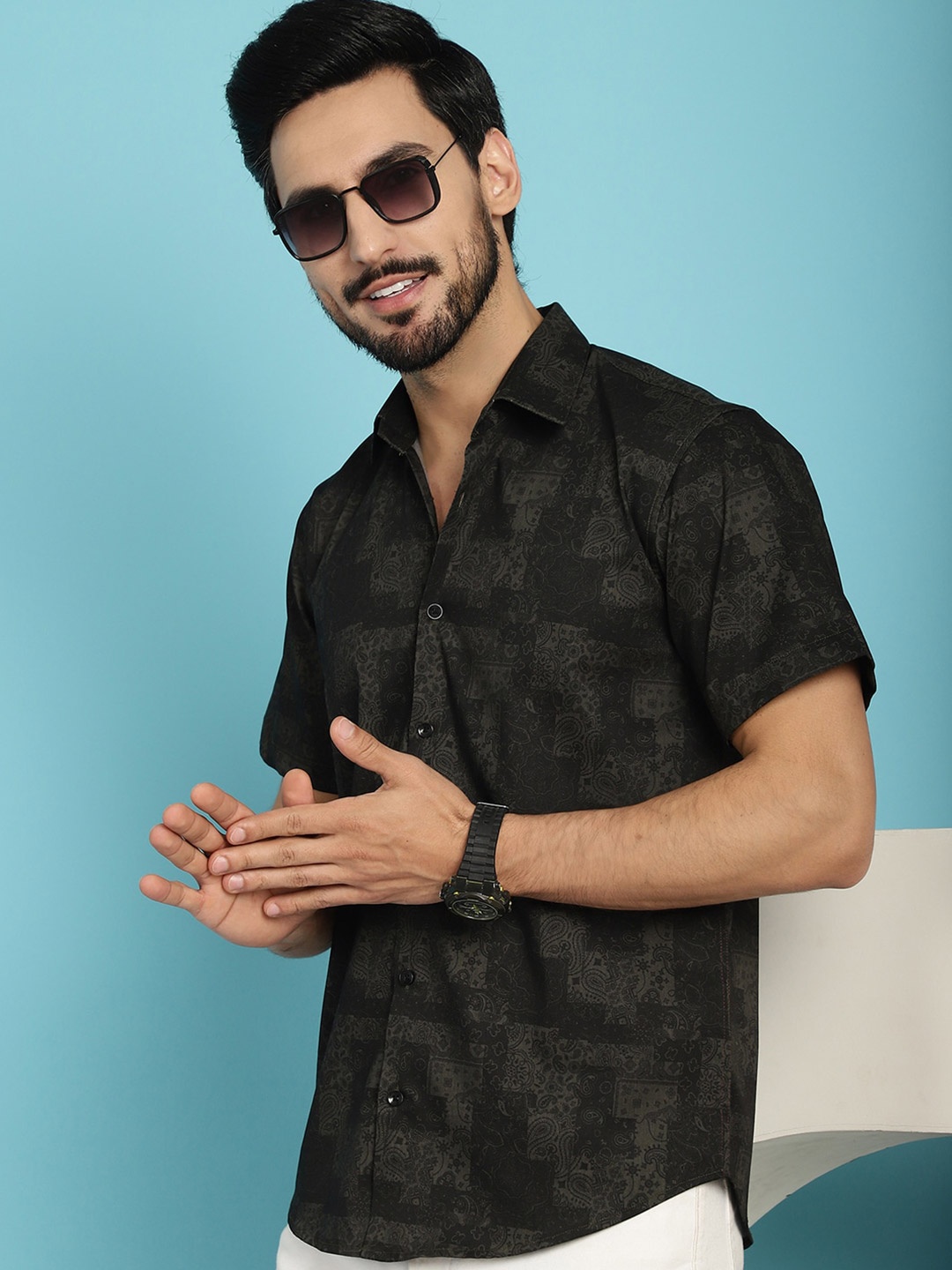 

Indian Needle Classic Ethnic Motifs Printed Cotton Casual Shirt, Black