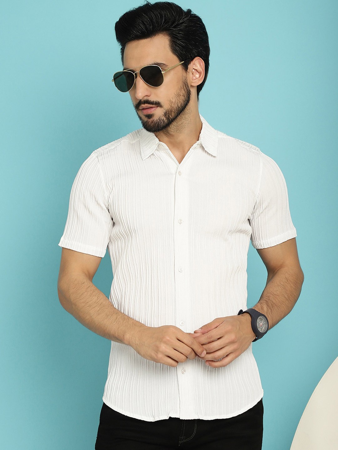 

Indian Needle Spread Collar Short Sleeves Classic Opaque Striped Casual Shirt, White