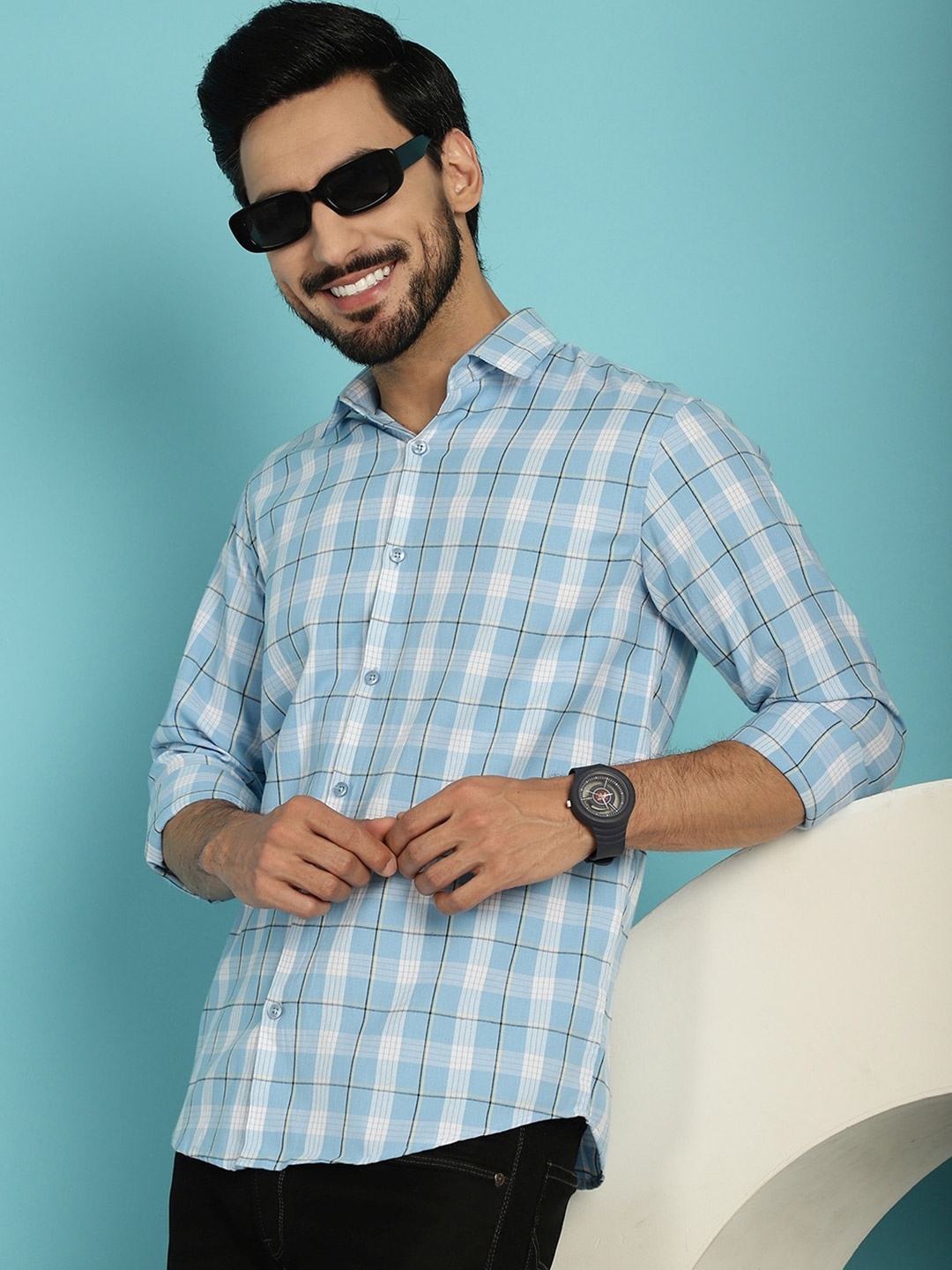 

Indian Needle Classic Tartan Checked Cotton Casual Shirt, Blue