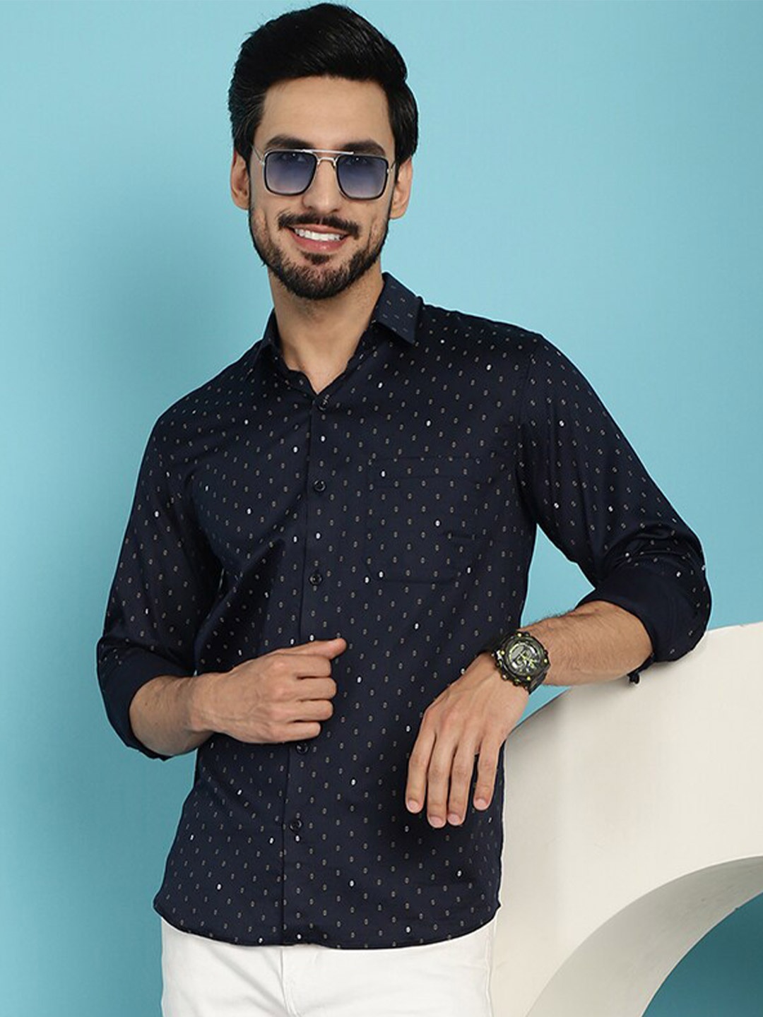 

Indian Needle Classic Micro Ditsy Printed Cotton Casual Shirt, Navy blue