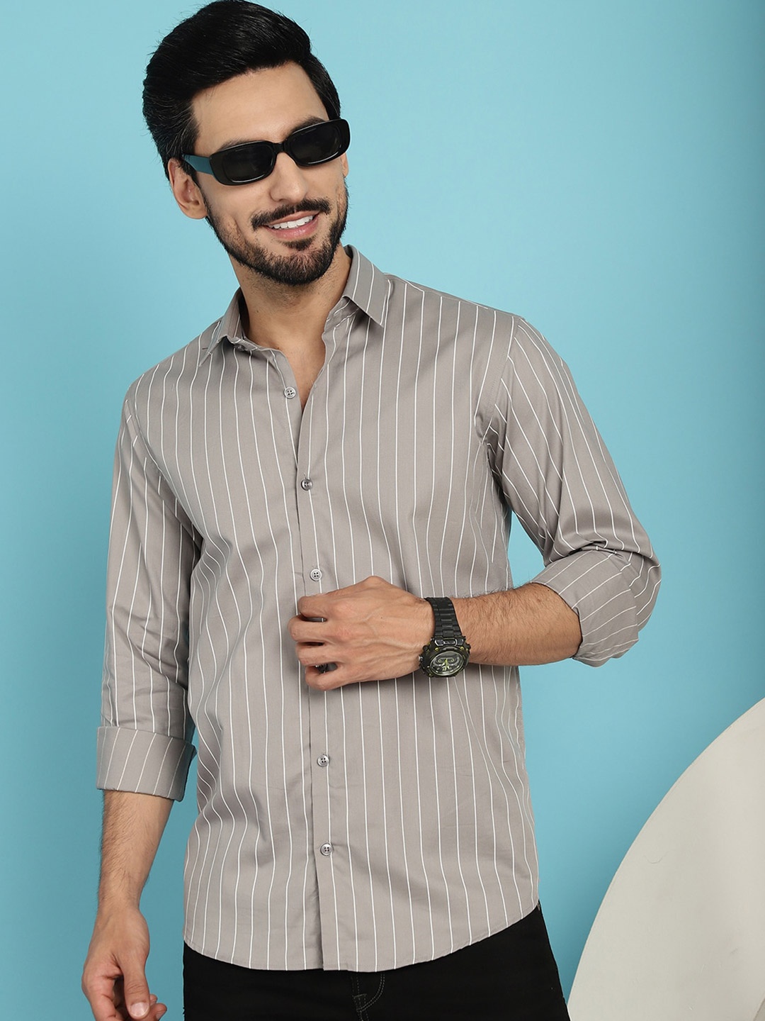 

Indian Needle Classic Cotton Striped Casual Shirt, Grey