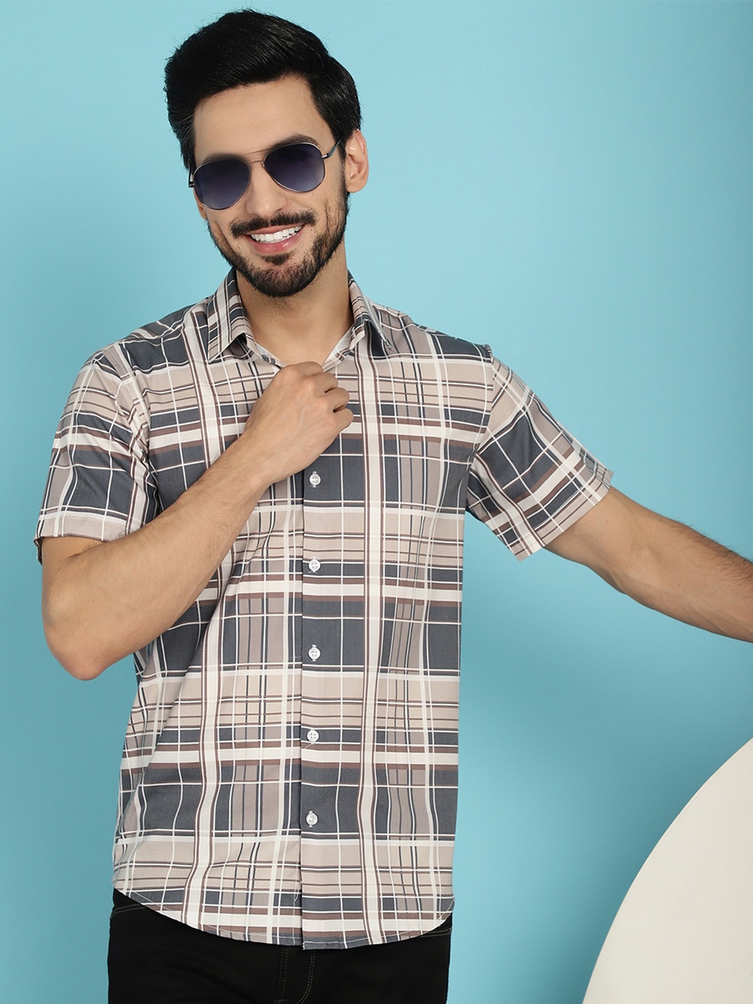 

Indian Needle Classic Tartan Checked Cotton Casual Shirt, Beige