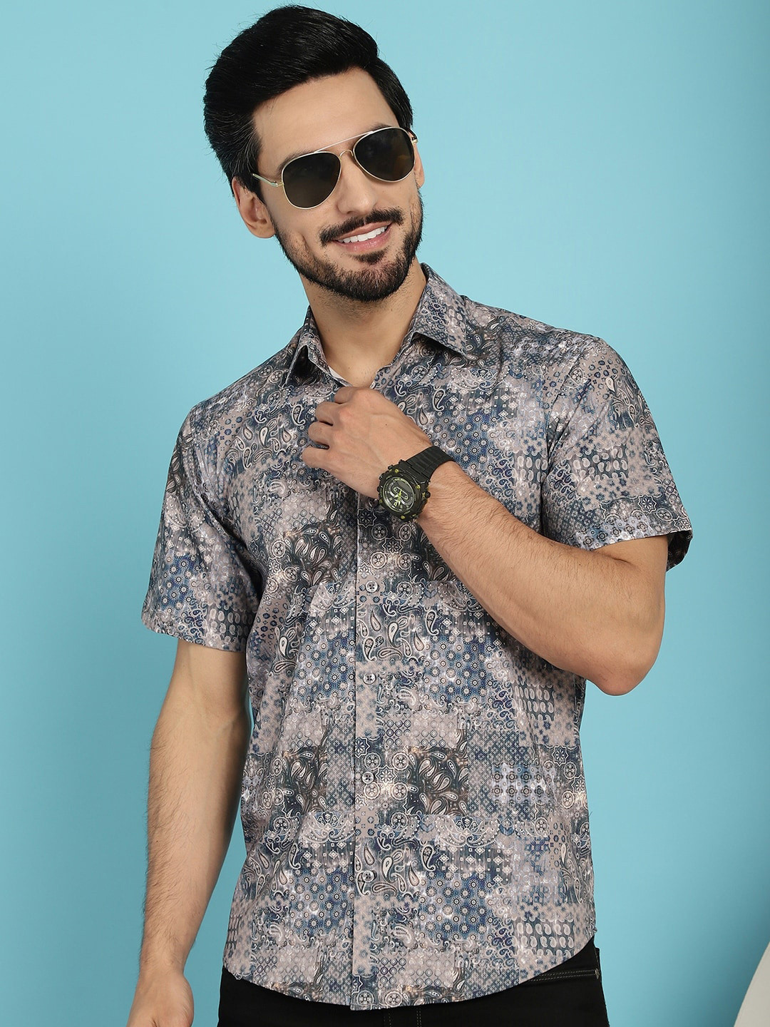 

Indian Needle Classic Ethnic Motifs Printed Cotton Casual Shirt, Grey