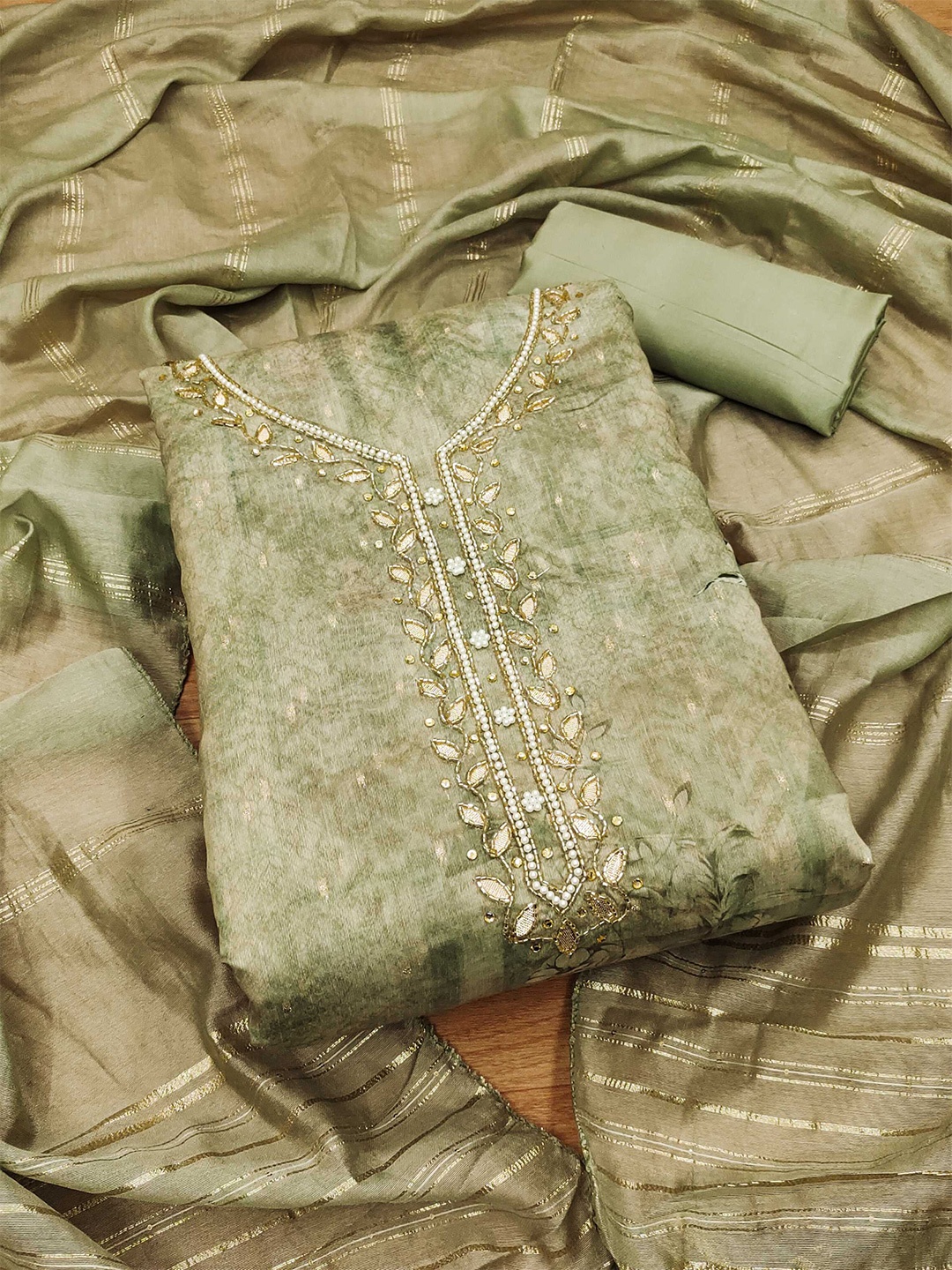 

KALINI Floral Printed Beads And Stones Unstitched Dress Material, Green
