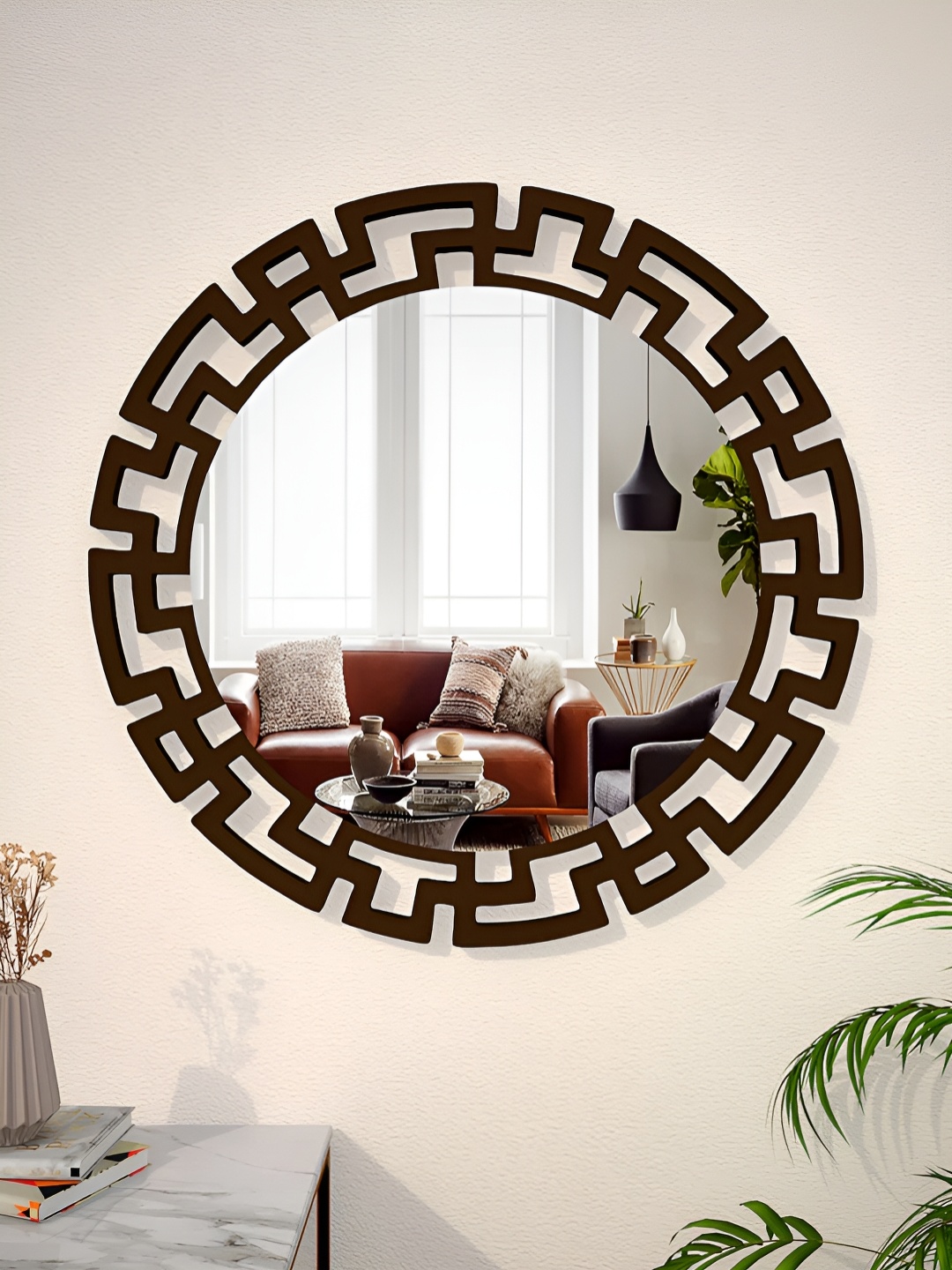 

Ekhasa Brown Round Shape Wooden Framed Decor Wall Mirror