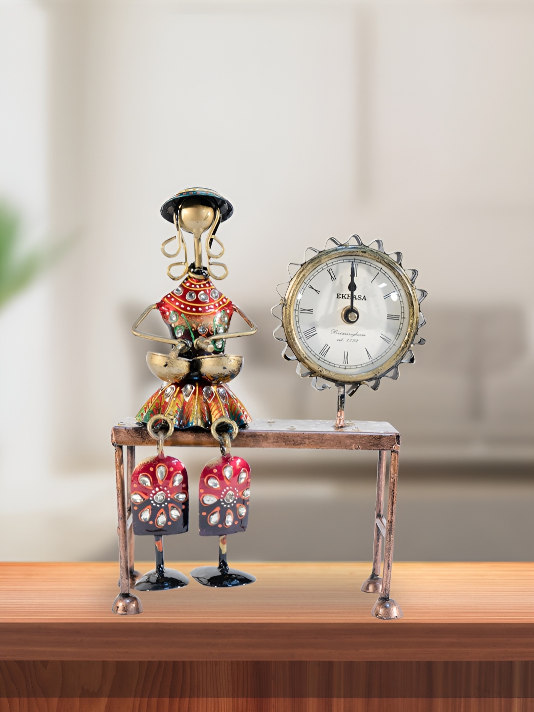 

Ekhasa Orange & Red Embellished Metal Quirky Traditional Table Clock