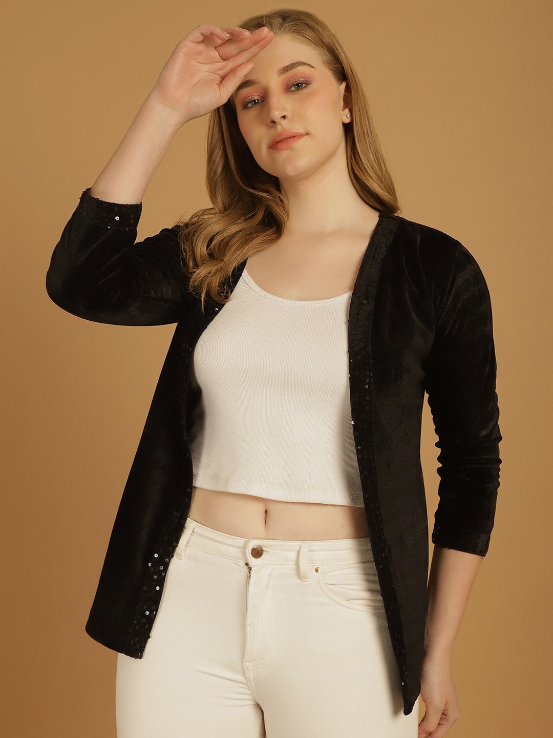 

urSense Embellished Velvet Shrug, Black