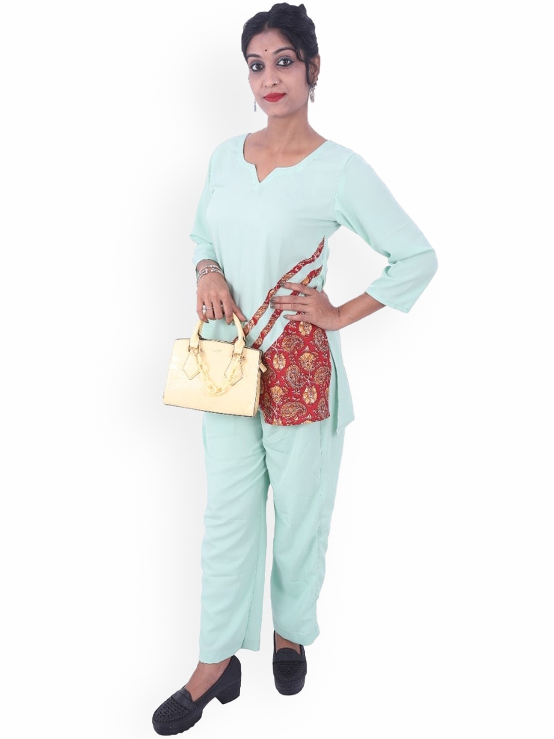

WEAVERS SAGA Printed V-Neck Tunic With Trouser, Sea green