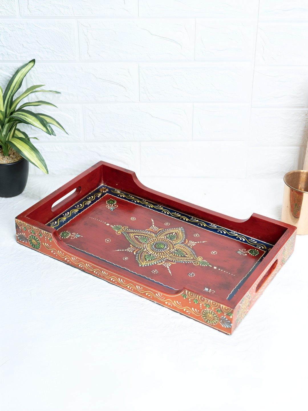 

Ekhasa Brown & Green Patterned Wooden Serving Tray