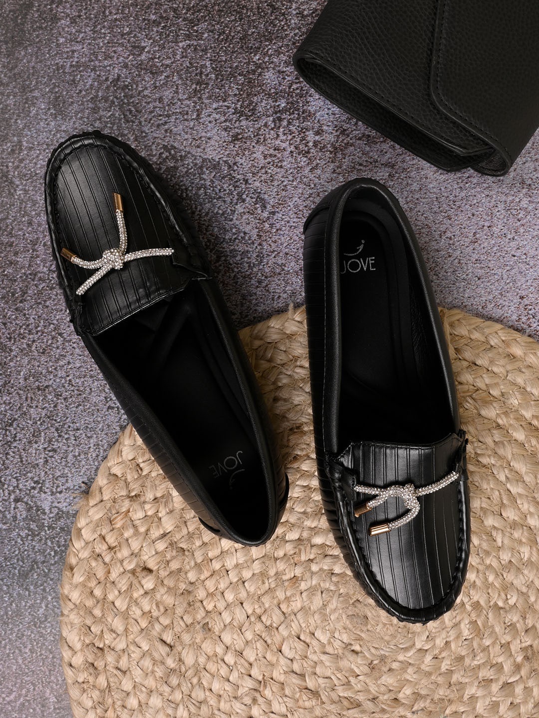 

Jove Women Textured Embellished Slip-On Sneakers, Black