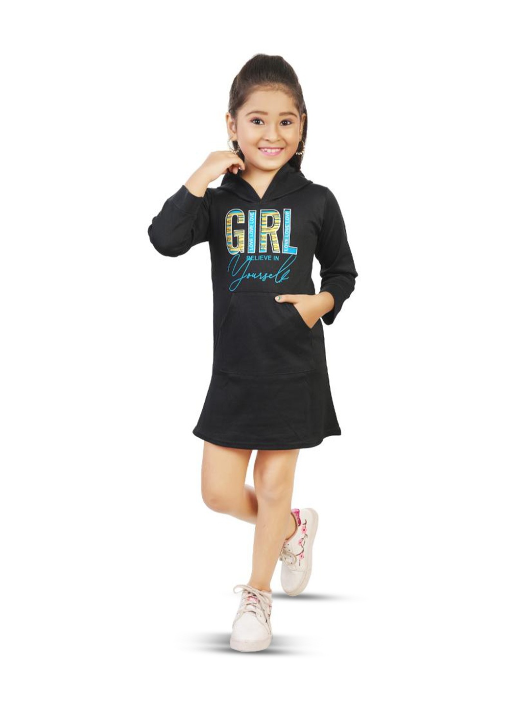 

BAESD Girls Typography Printed Linen Dress, Black
