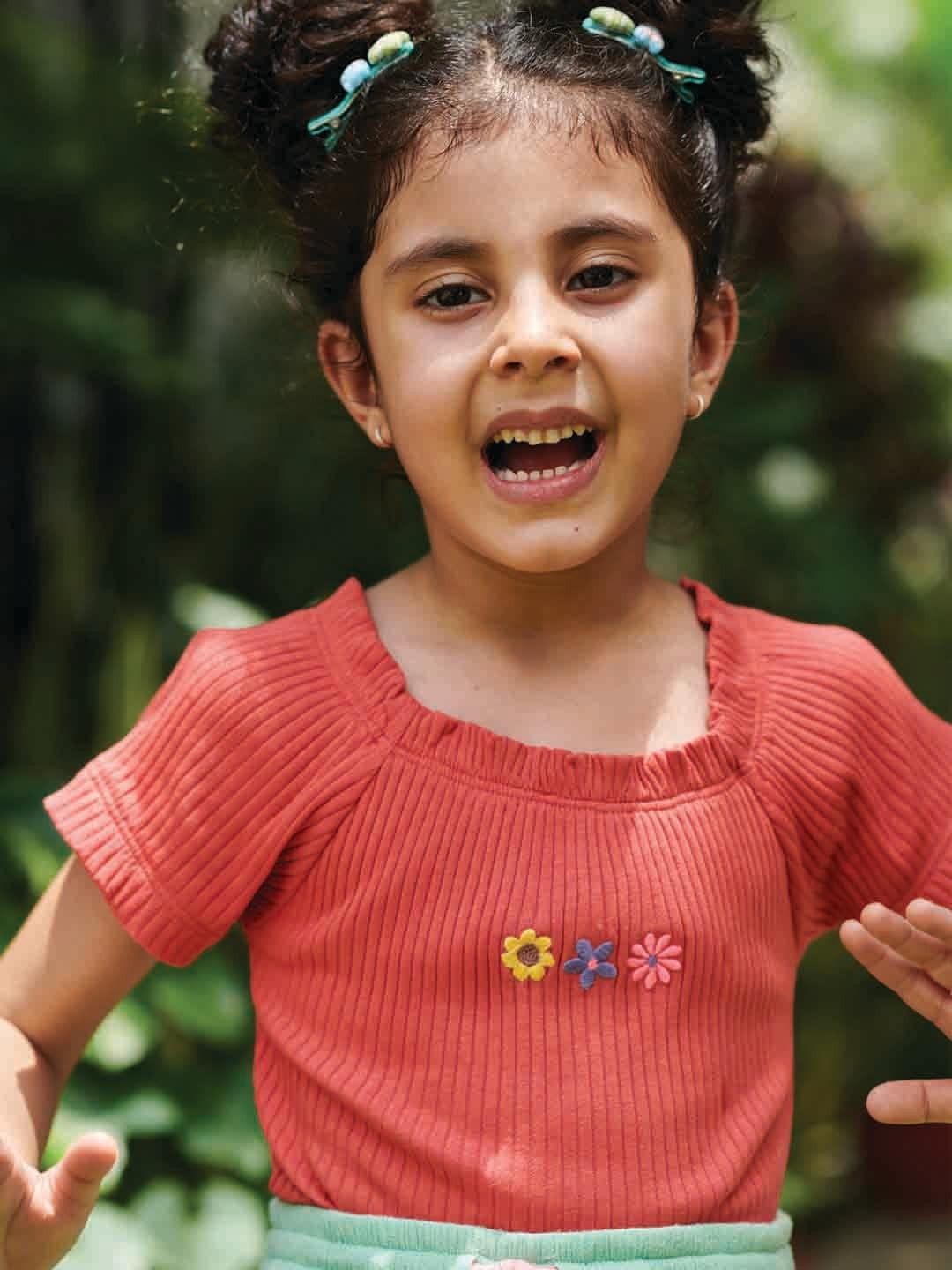 

Somersault Girls Self Designed Puff Sleeve Pure Cotton Top, Red