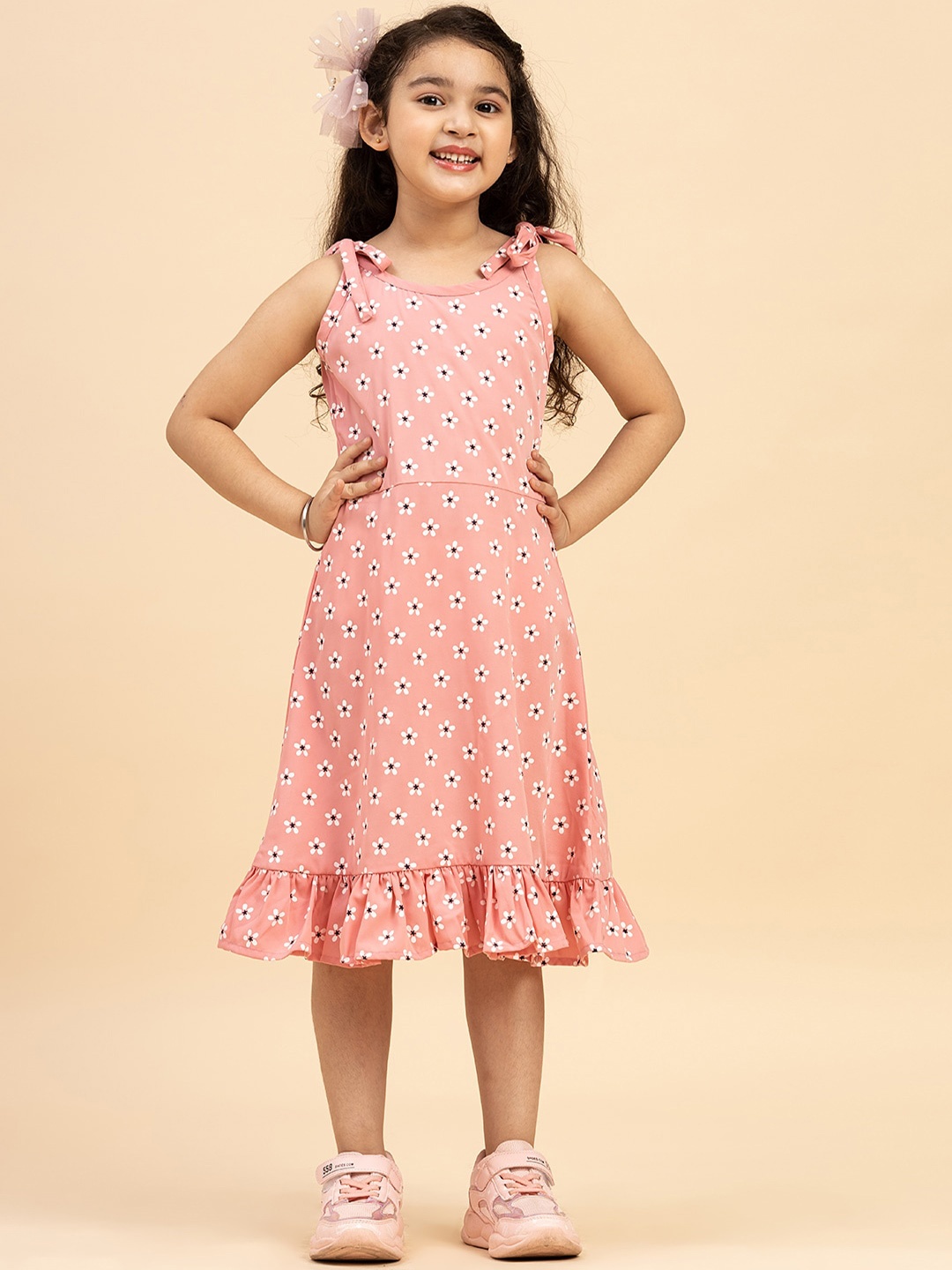 

BAESD Floral Printed Tie-Up Neck Fit & Flare Dress, Pink