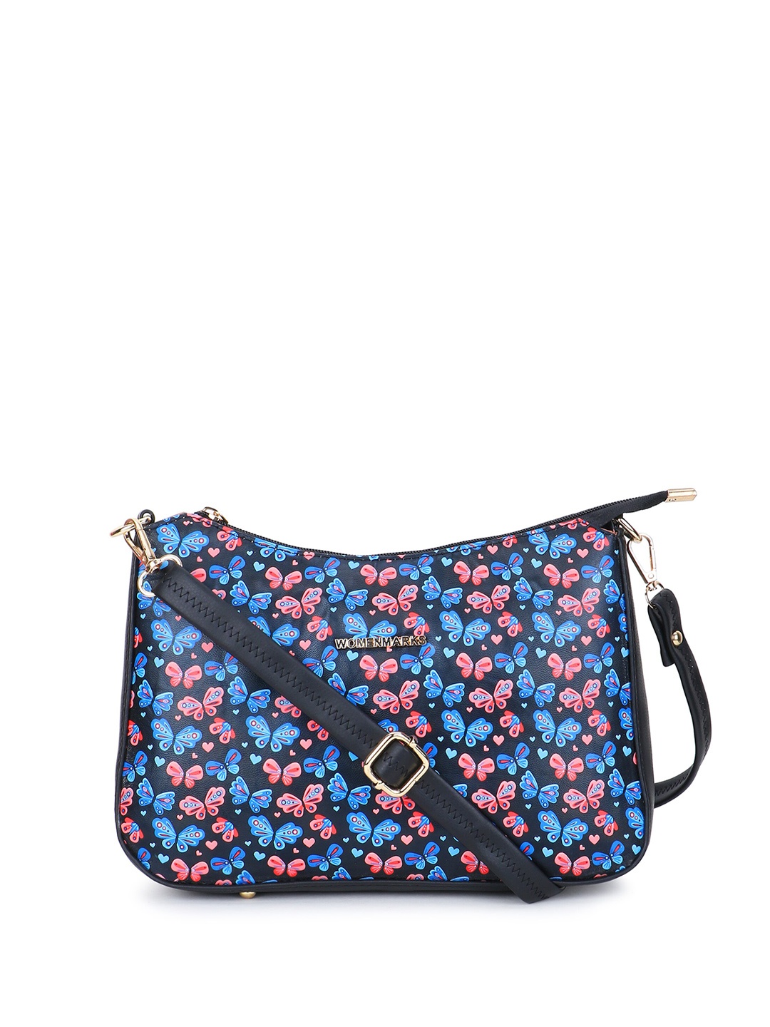 

WOMEN MARKS Floral Printed Structured Sling Bag, Navy blue